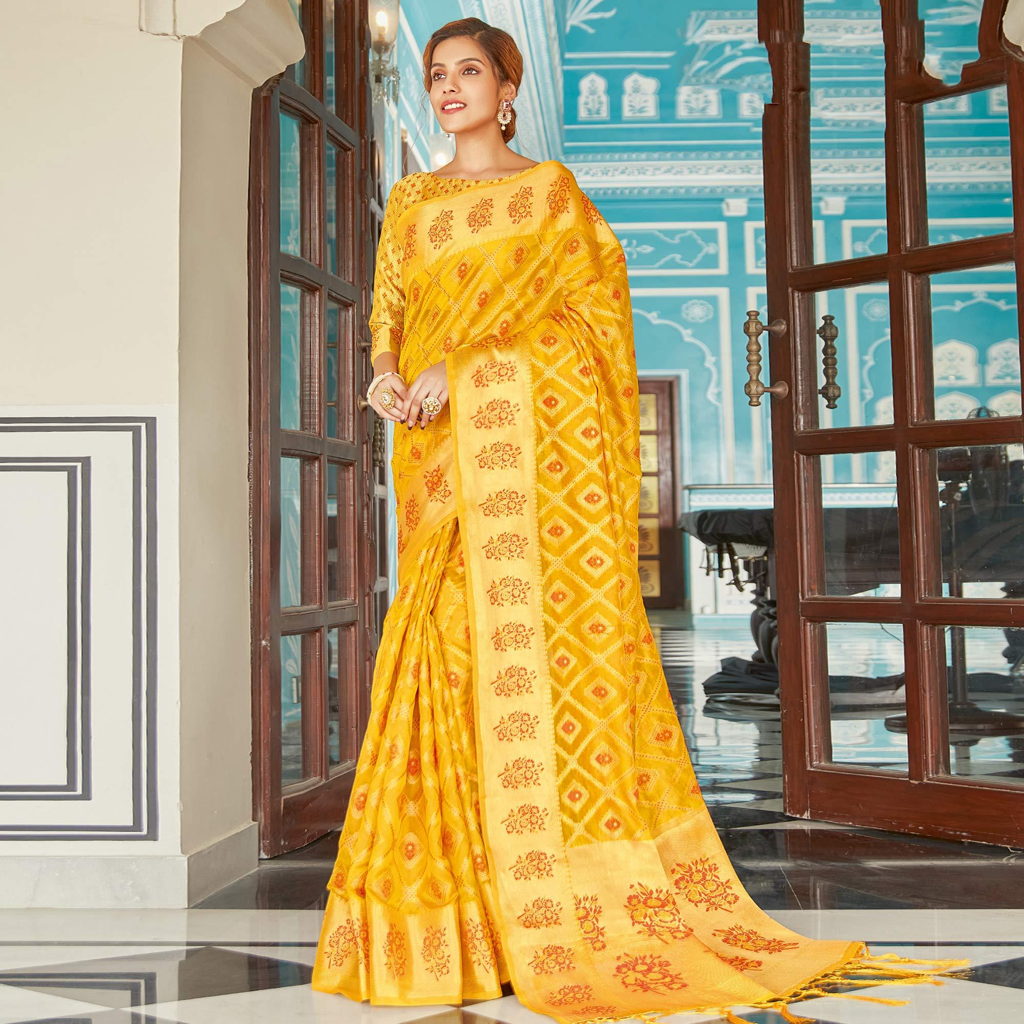 Mustard Festive Wear Woven Silk Saree - Peachmode