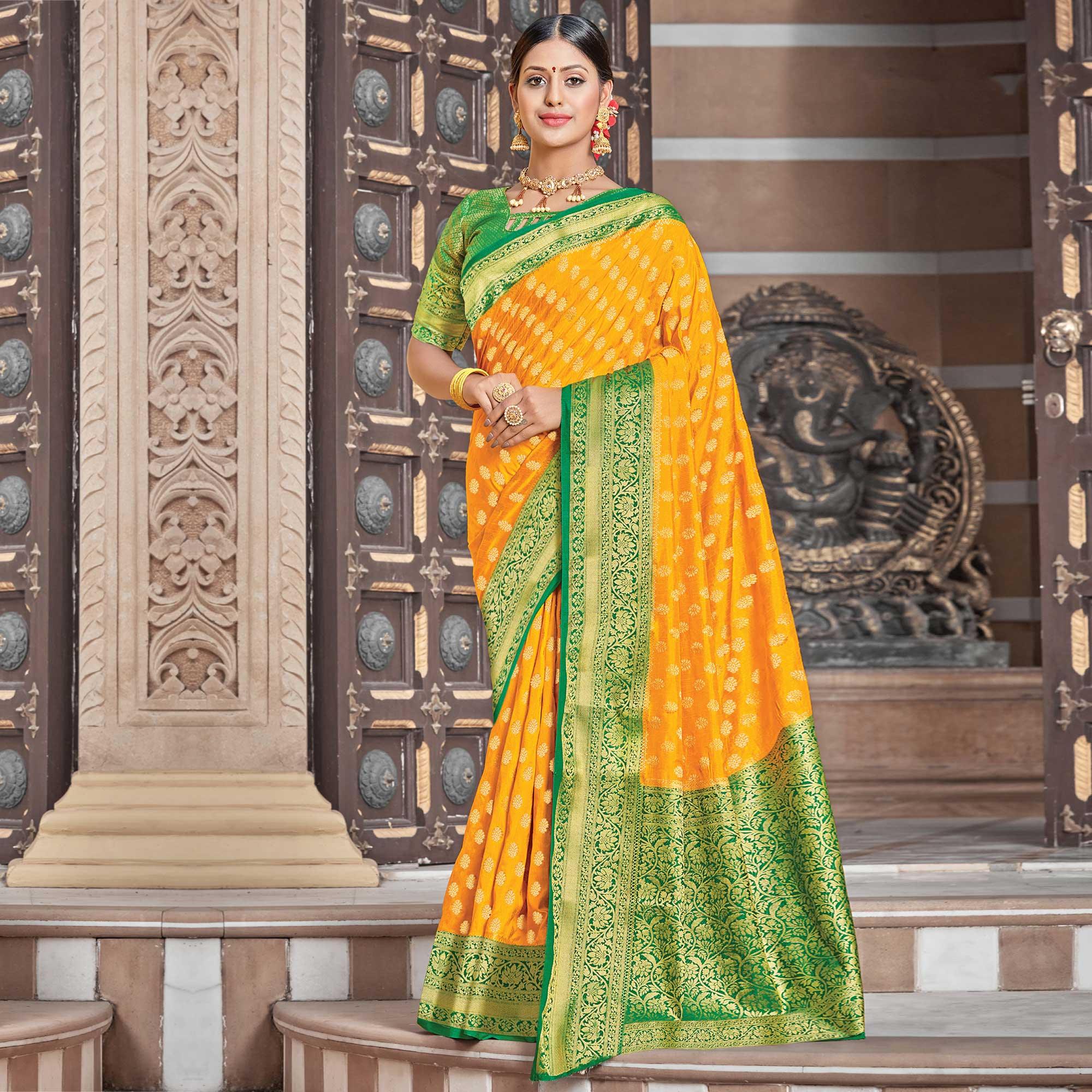 Mustard Festive Wear Woven Silk Saree - Peachmode