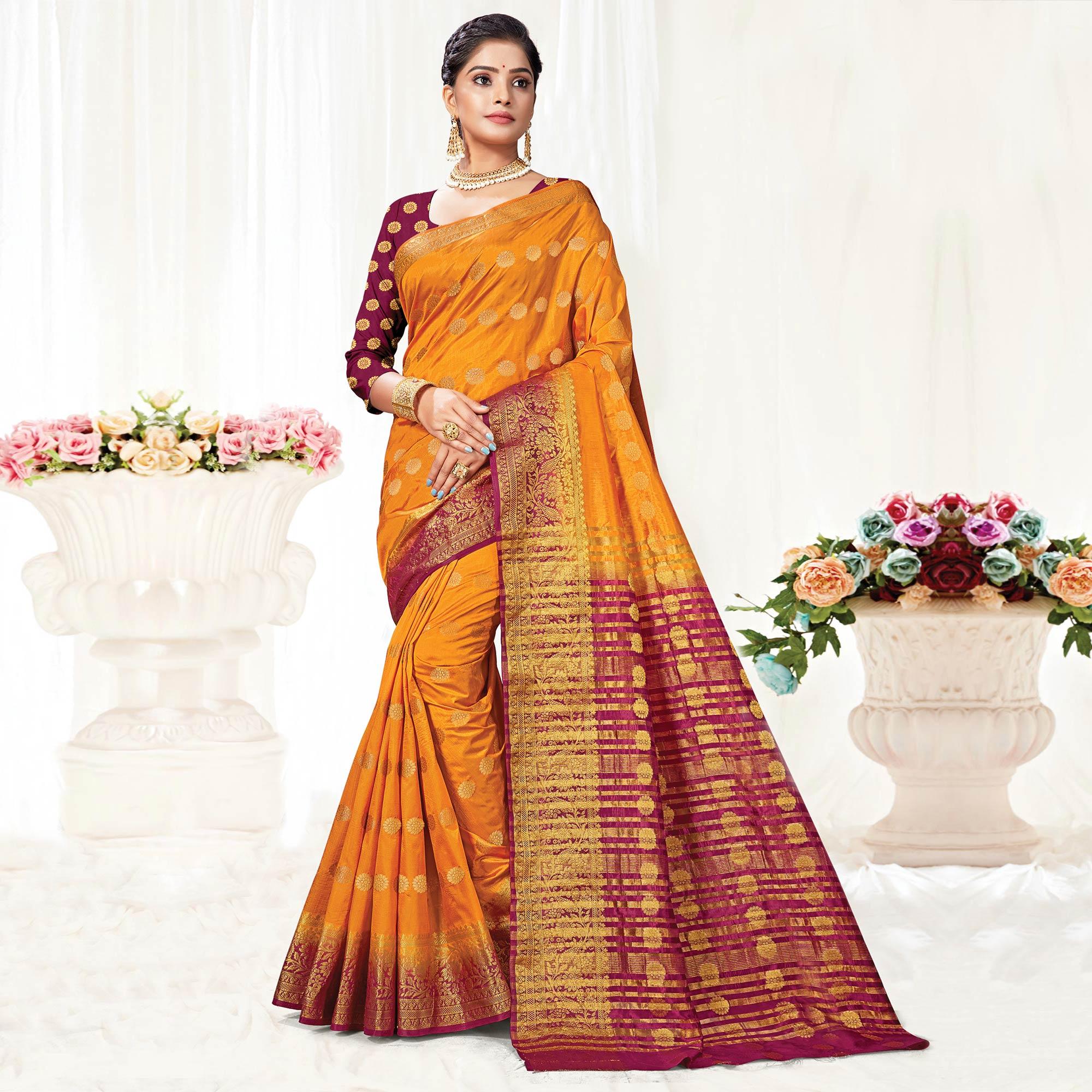 Mustard Festive Wear Woven Silk Saree - Peachmode