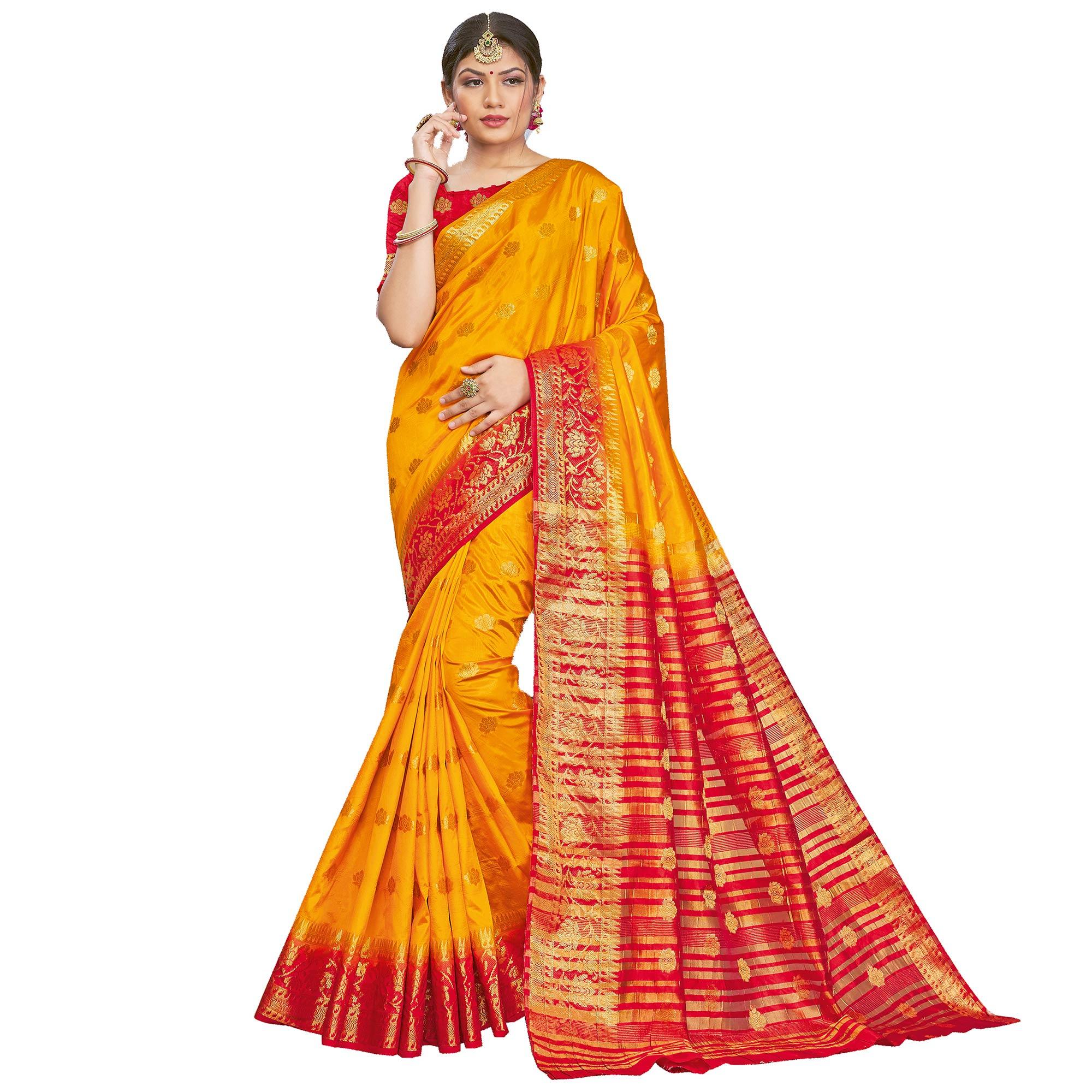 Mustard Festive Wear Woven Silk Saree - Peachmode