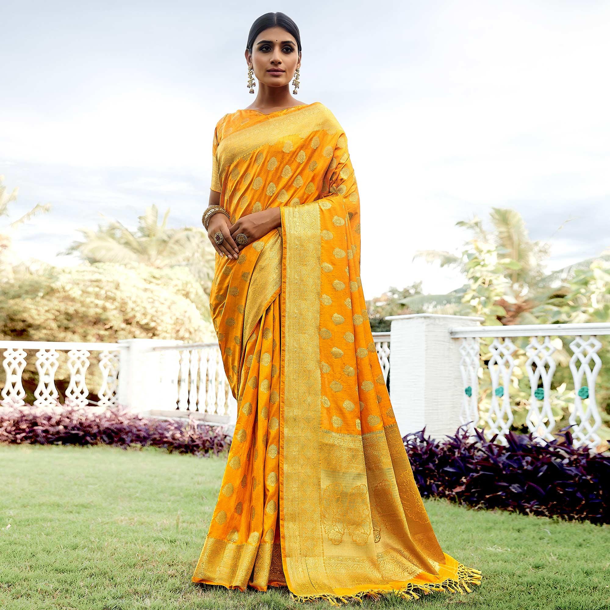 Mustard Festive Wear Woven Silk Saree - Peachmode