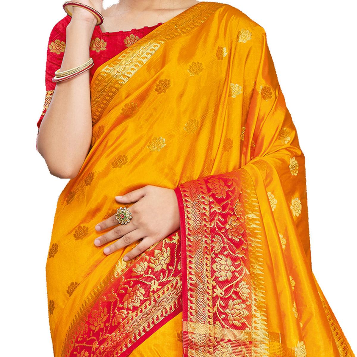Mustard Festive Wear Woven Silk Saree - Peachmode