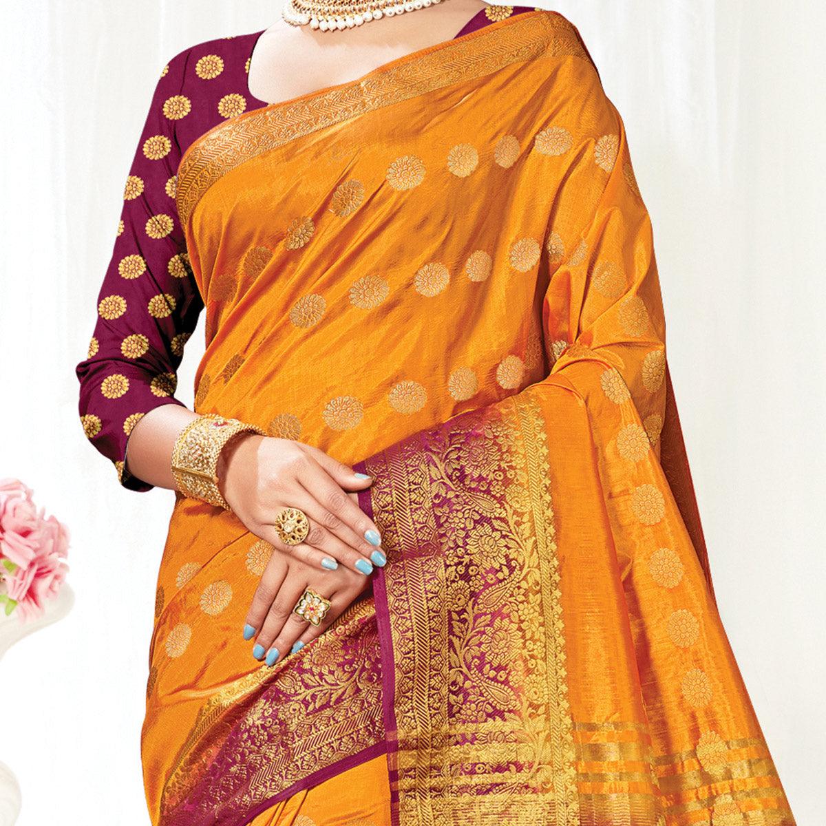 Mustard Festive Wear Woven Silk Saree - Peachmode