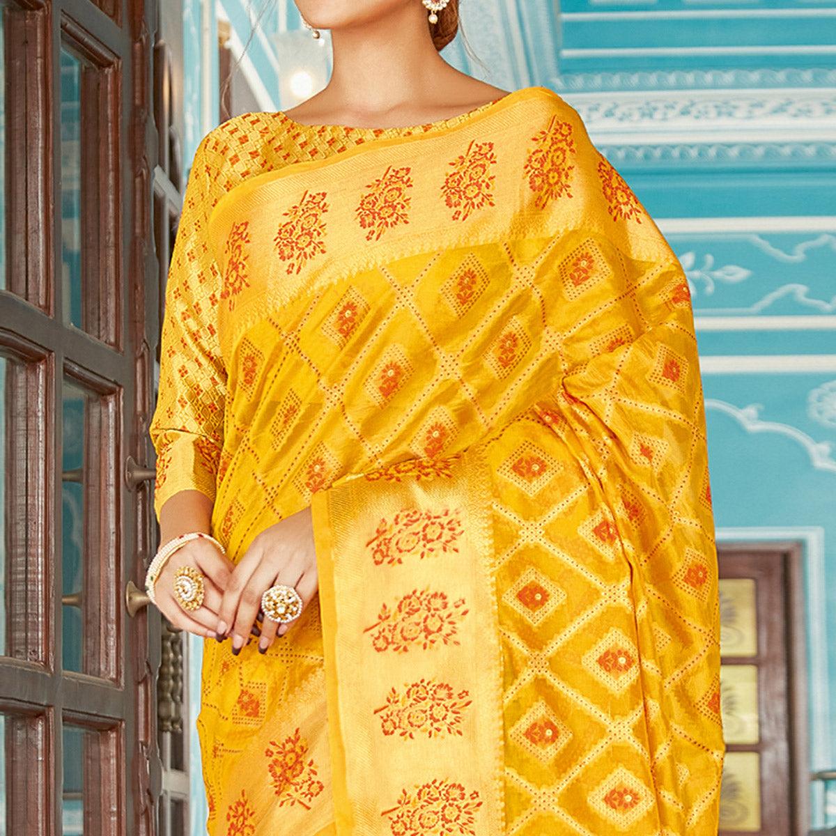 Mustard Festive Wear Woven Silk Saree - Peachmode