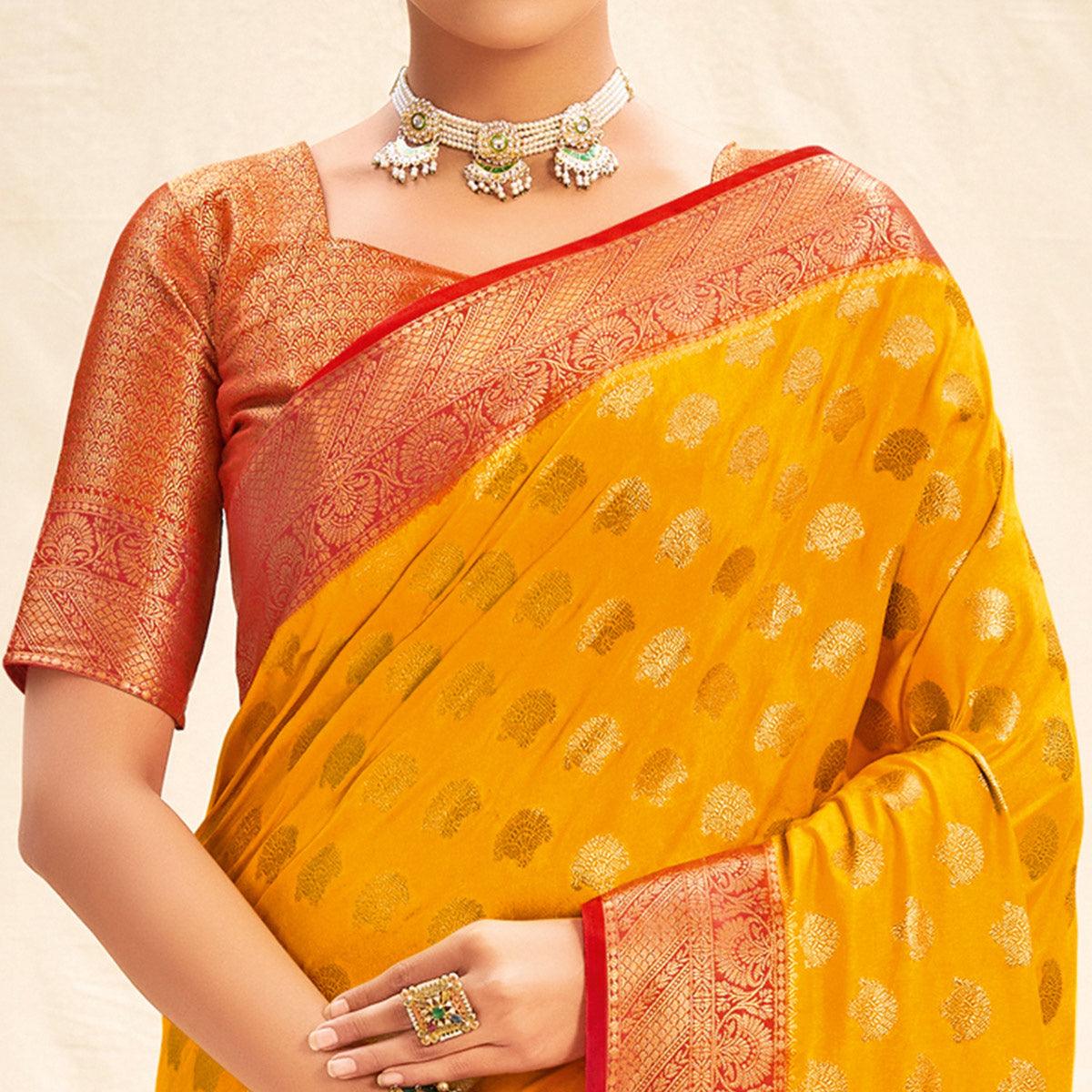 Mustard Festive Wear Woven Silk Saree - Peachmode