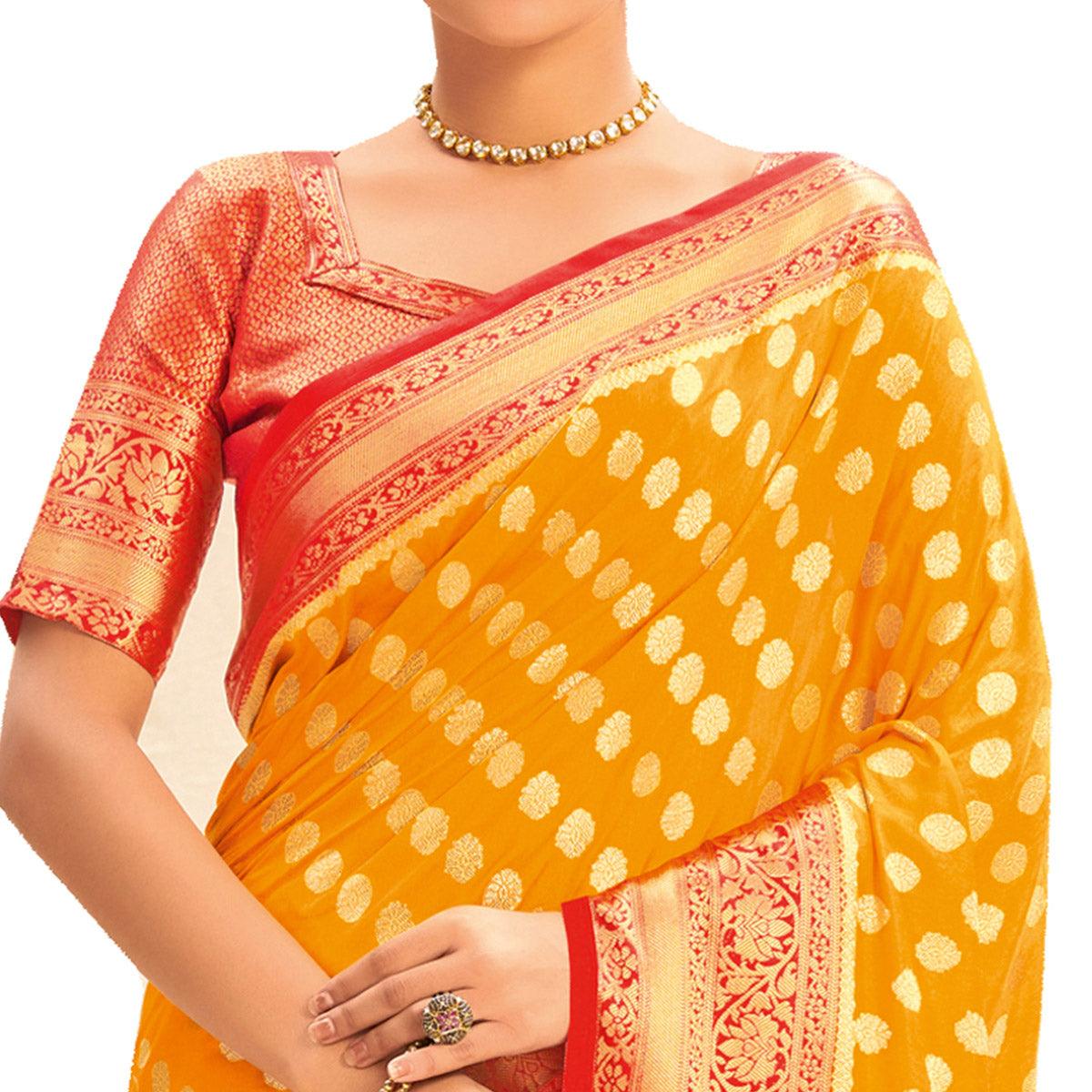 Mustard Festive Wear Woven Silk Saree - Peachmode