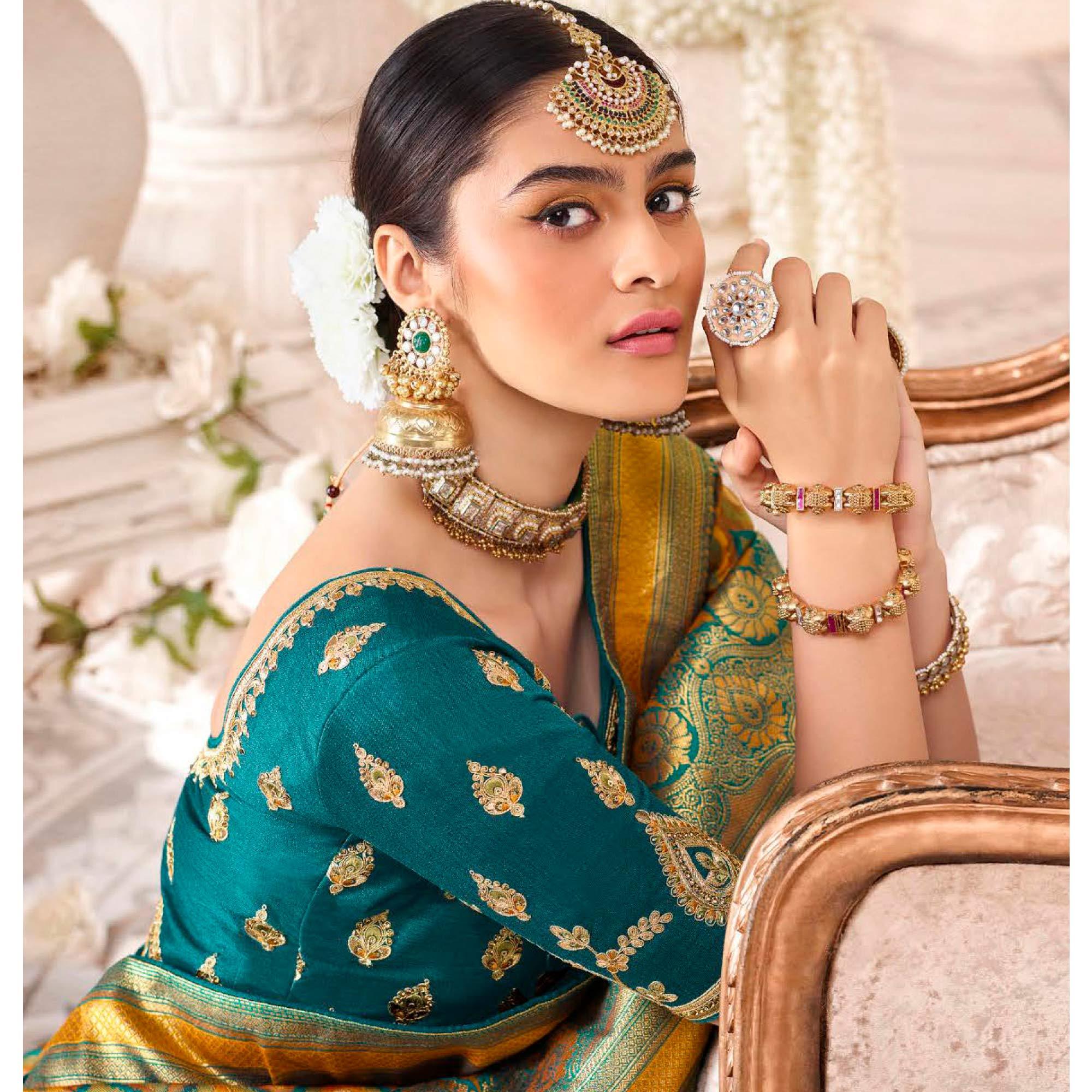 Mustard Festive Wear Woven Silk Saree - Peachmode