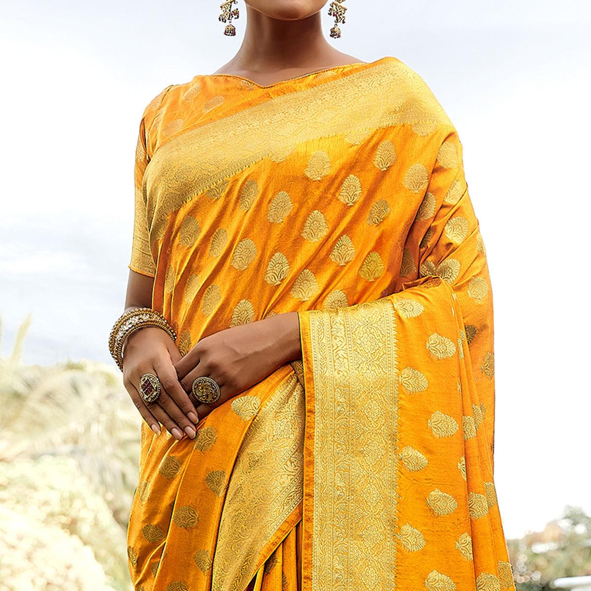 Mustard Festive Wear Woven Silk Saree - Peachmode