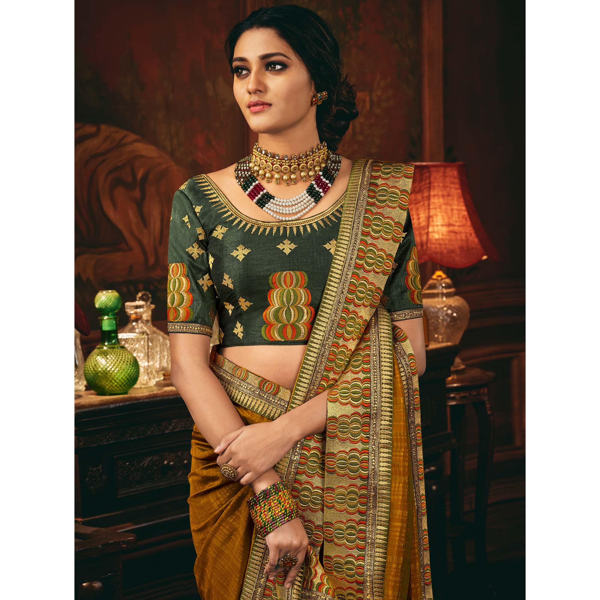 Mustard Festive Wear Woven Silk Saree - Peachmode