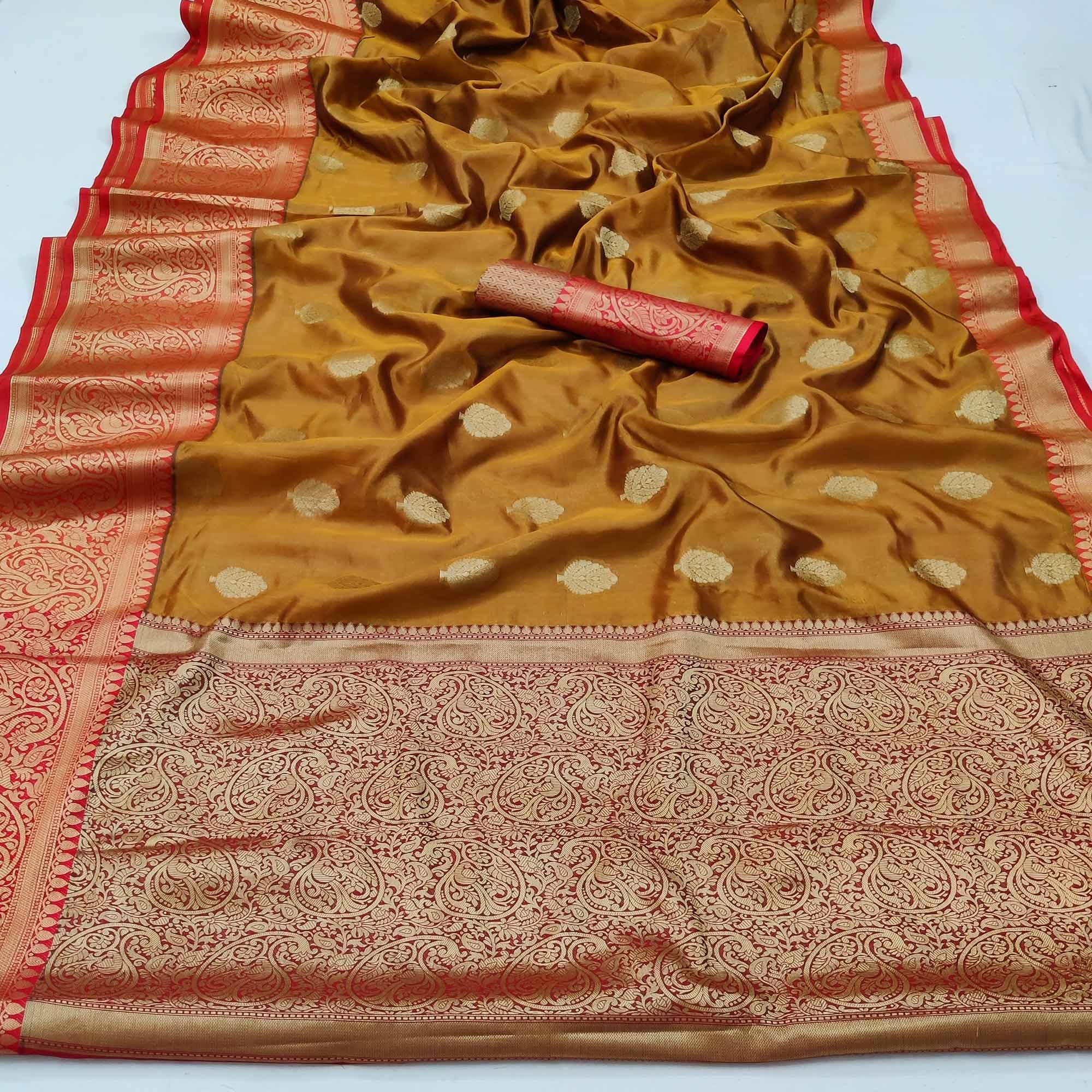 Mustard Festive Wear Woven Silk Saree - Peachmode