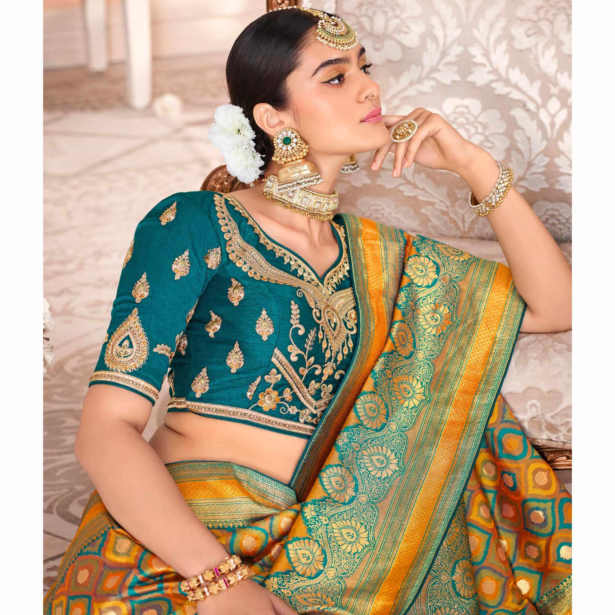 Mustard Festive Wear Woven Silk Saree - Peachmode