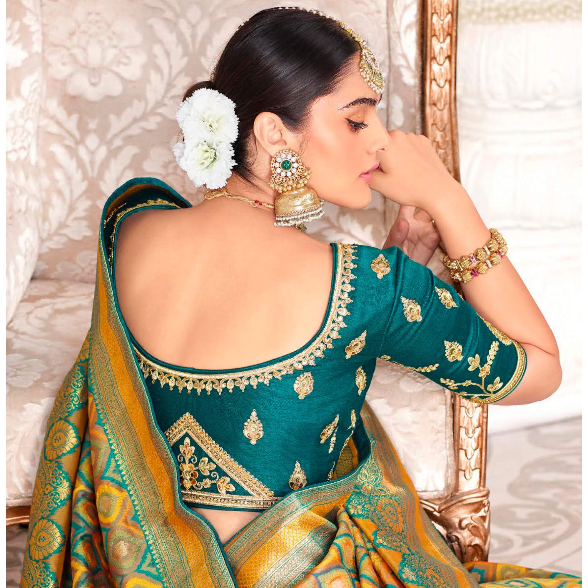 Mustard Festive Wear Woven Silk Saree - Peachmode