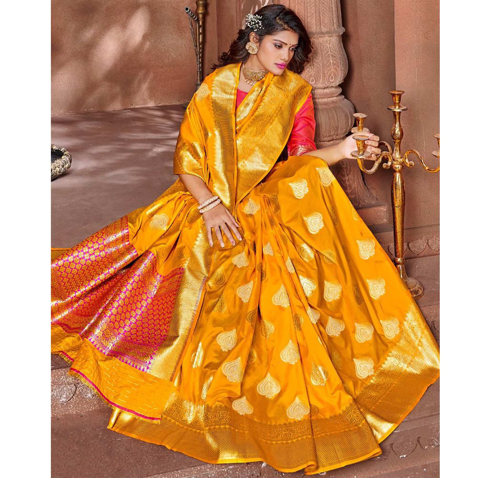 Mustard Festive Wear Woven Soft Silk Saree - Peachmode