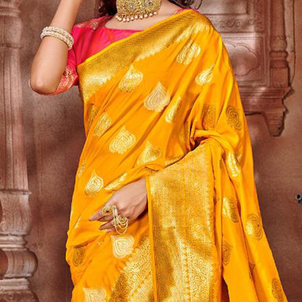 Mustard Festive Wear Woven Soft Silk Saree - Peachmode