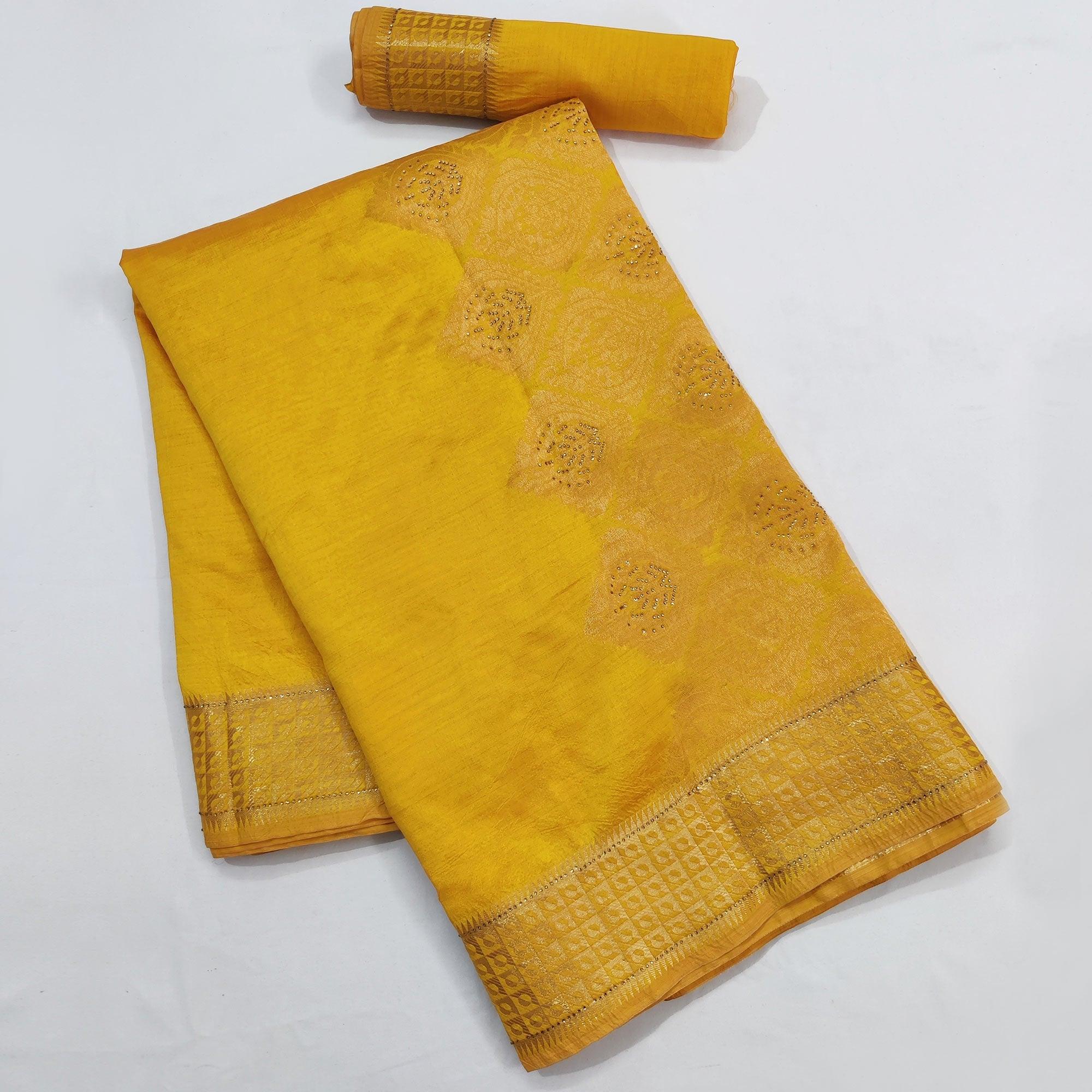 Mustard Festive Wear Woven With Stone Work Silk Saree - Peachmode
