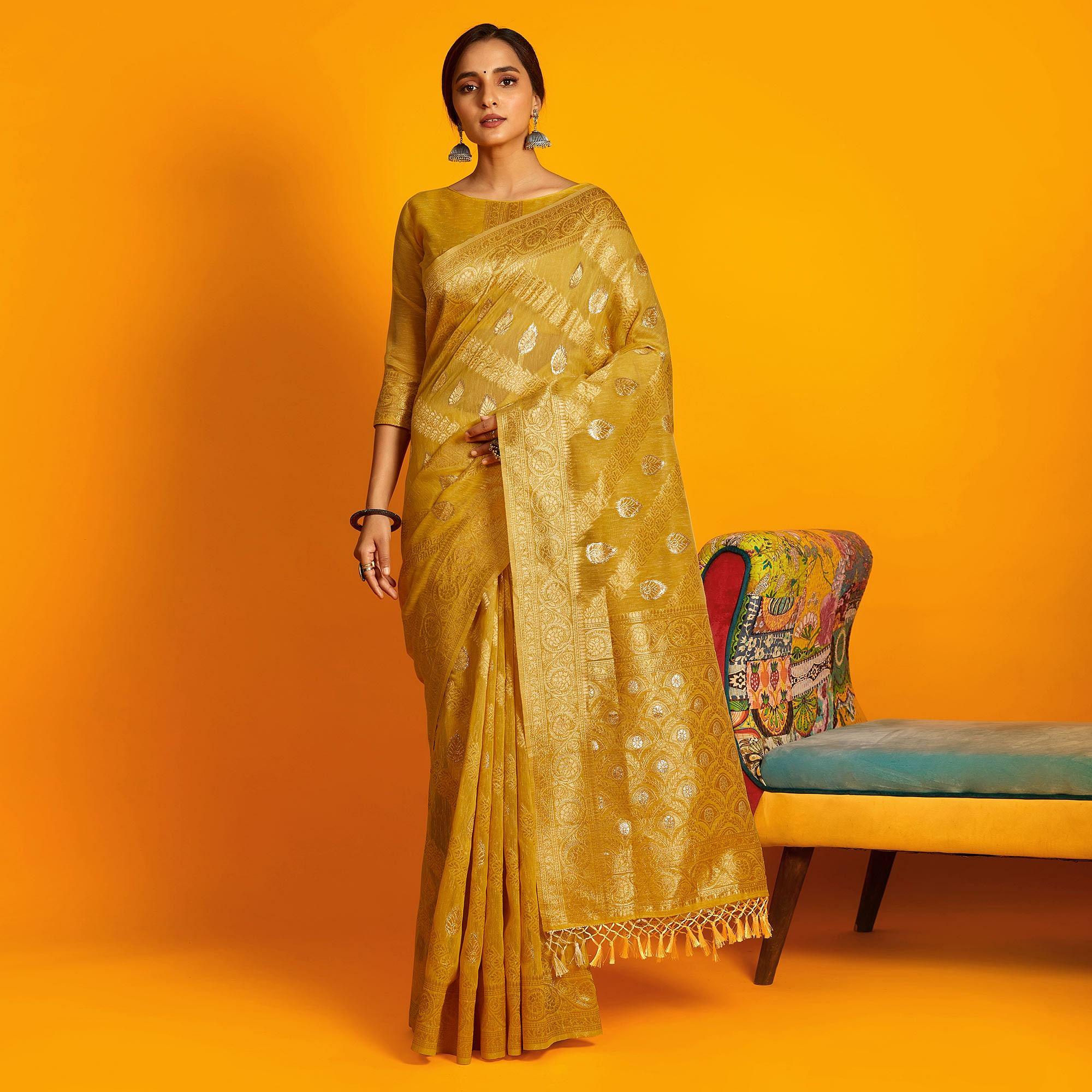 Mustard Festive Wear Zari Work Cotton Saree - Peachmode