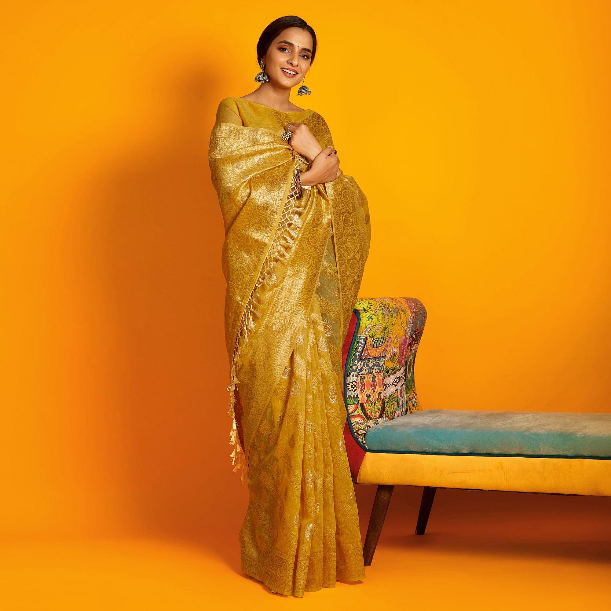 Mustard Festive Wear Zari Work Cotton Saree - Peachmode