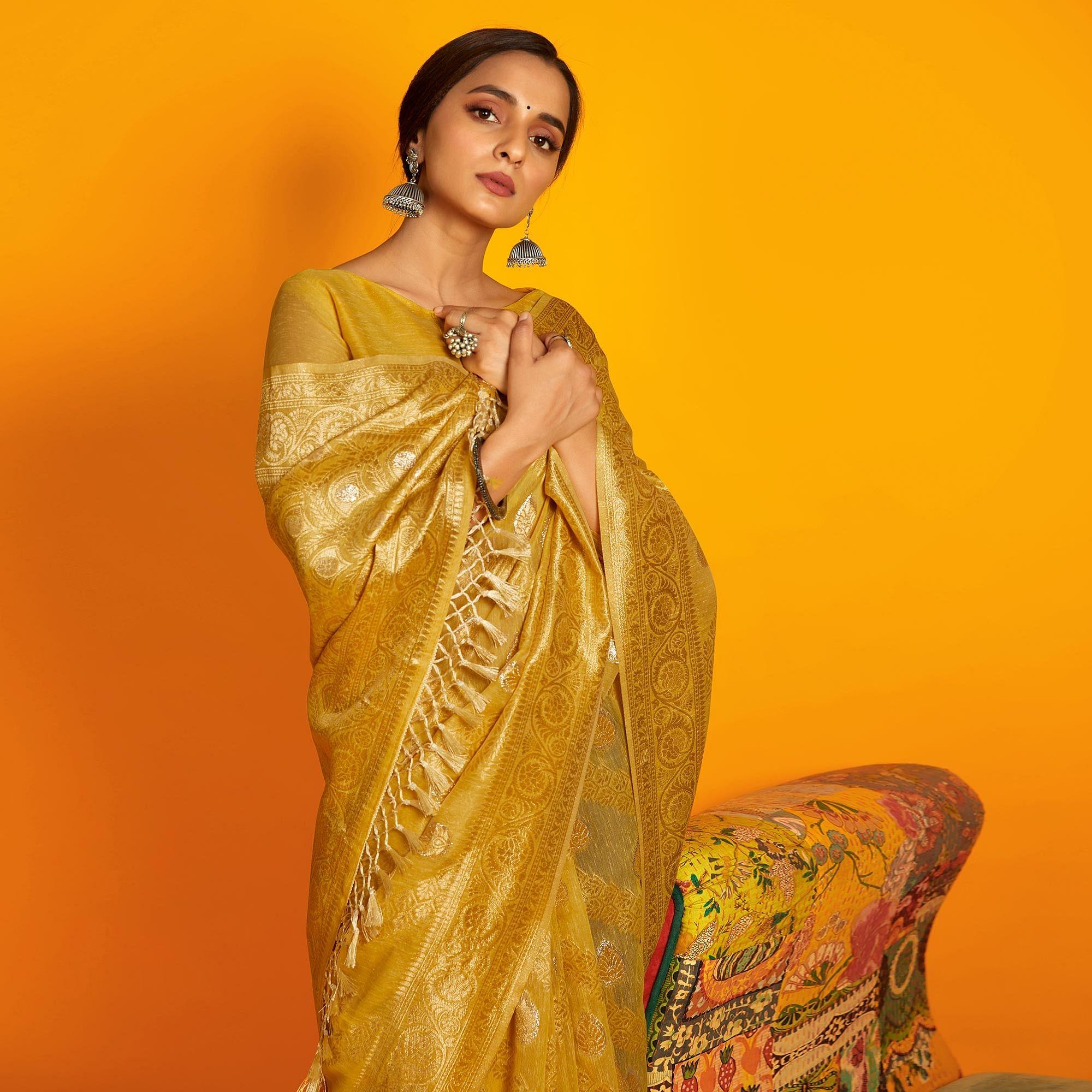 Mustard Festive Wear Zari Work Cotton Saree - Peachmode