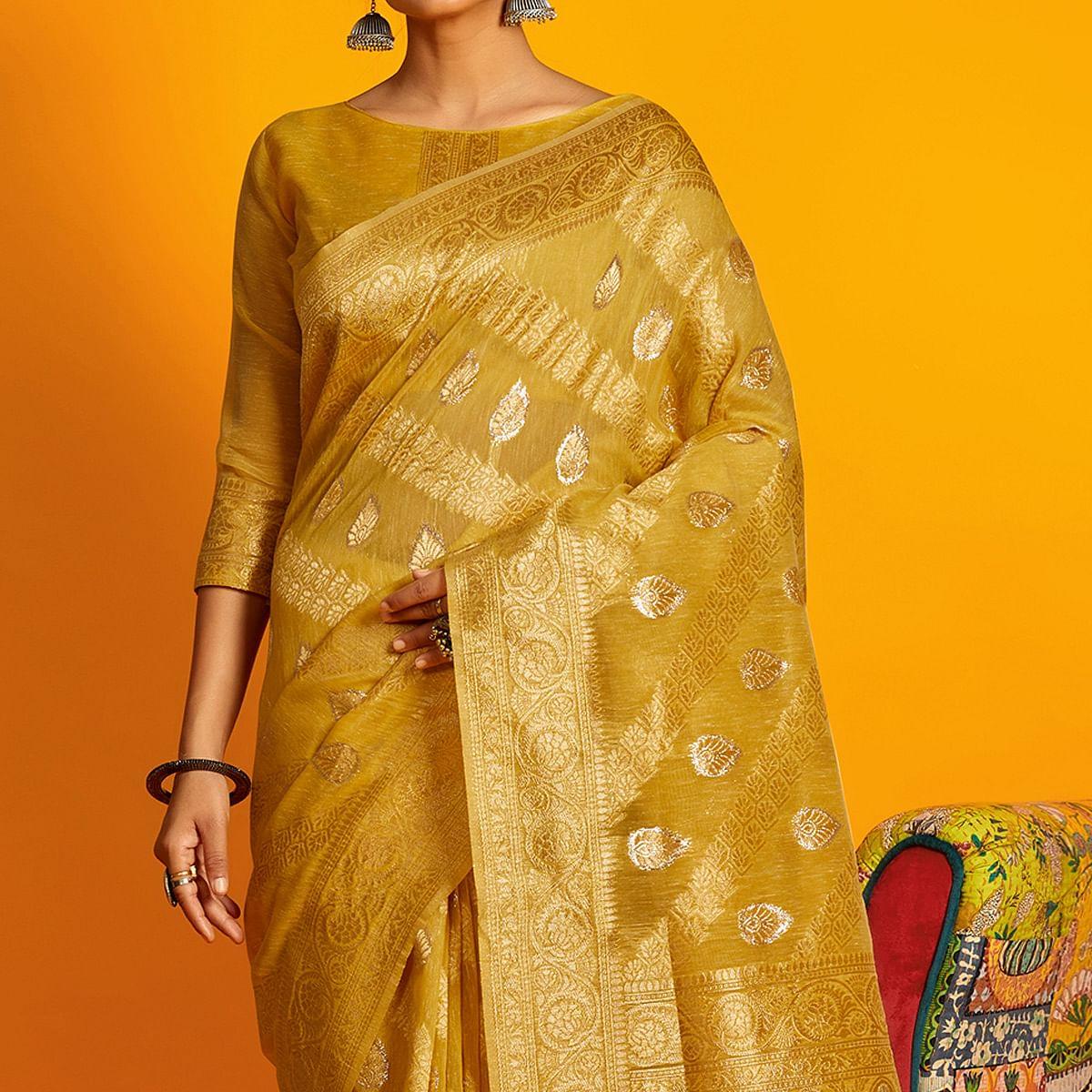 Mustard Festive Wear Zari Work Cotton Saree - Peachmode