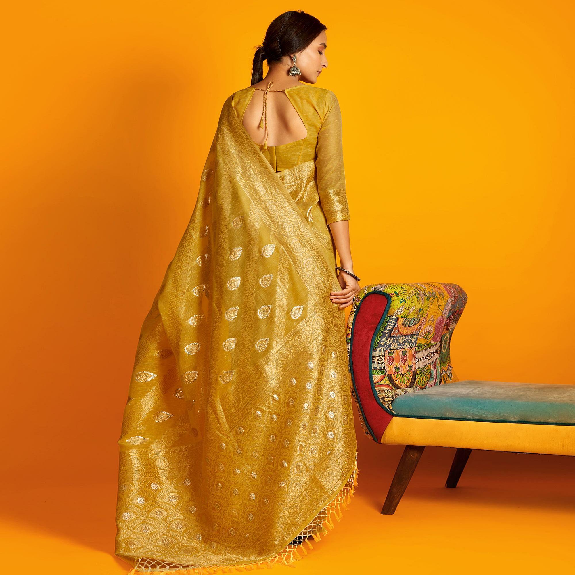Mustard Festive Wear Zari Work Cotton Saree - Peachmode