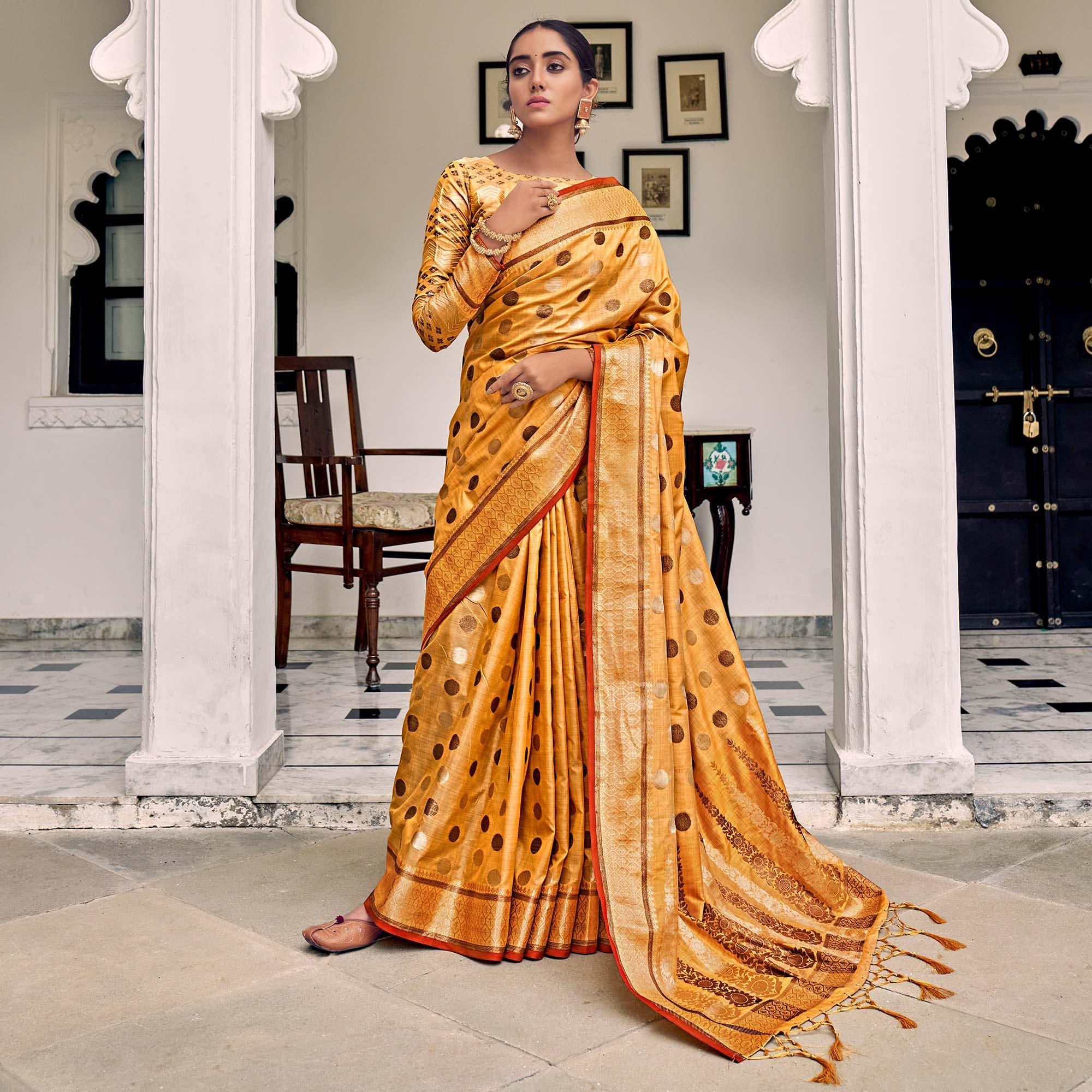 Mustard Festive Wear Zari Woven Soft Ghichaa Silk Saree - Peachmode