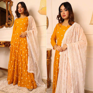 Mustard Floral Embroidered Georgette Gown With Dupatta - Peachmode