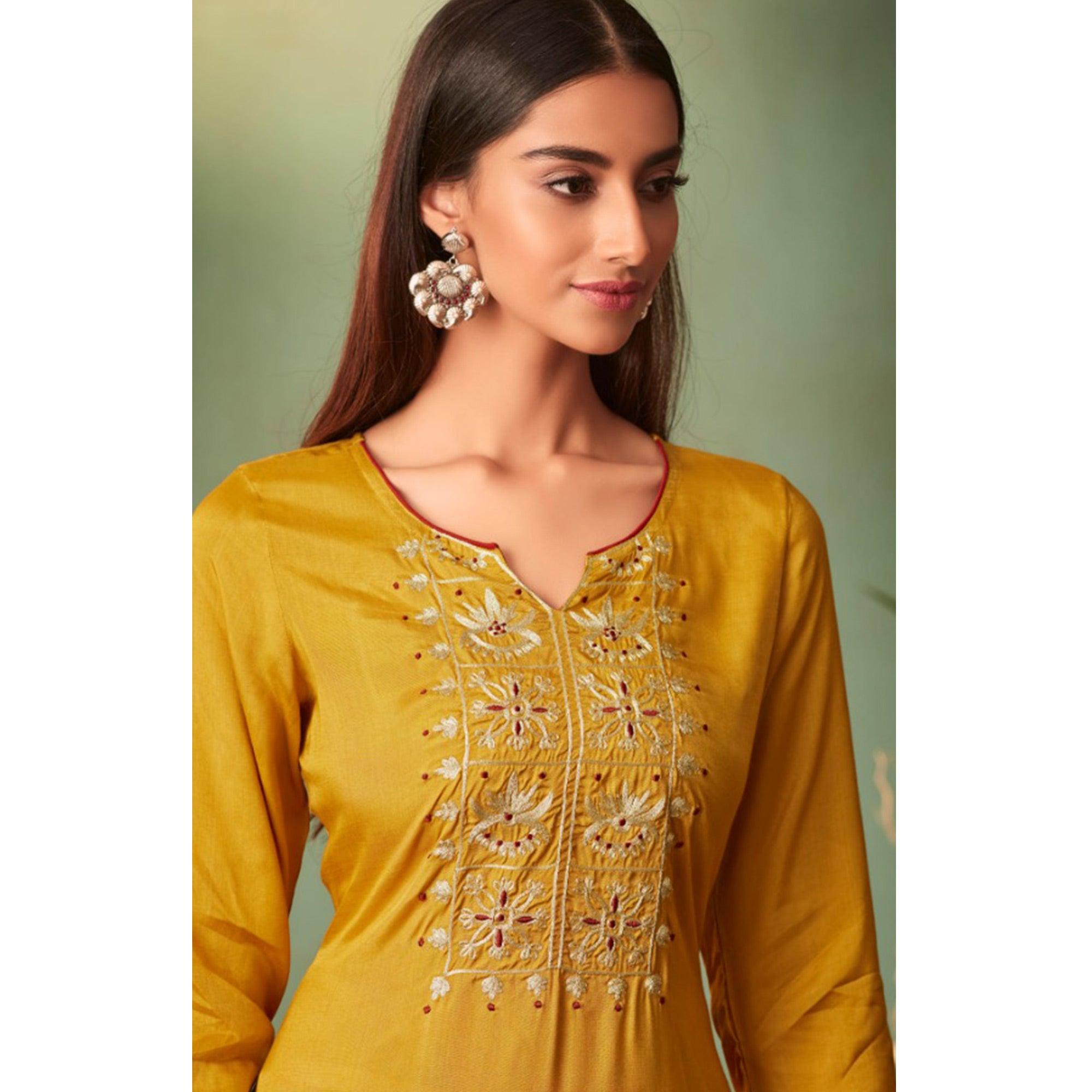 Mustard Floral Embroidered Muslin Palazzo Suit - Peachmode