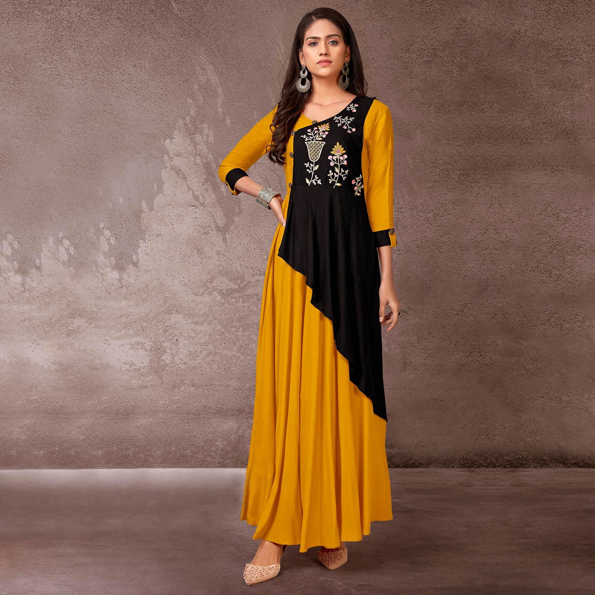 Mustard Floral Embroidered Rayon Gown - Peachmode