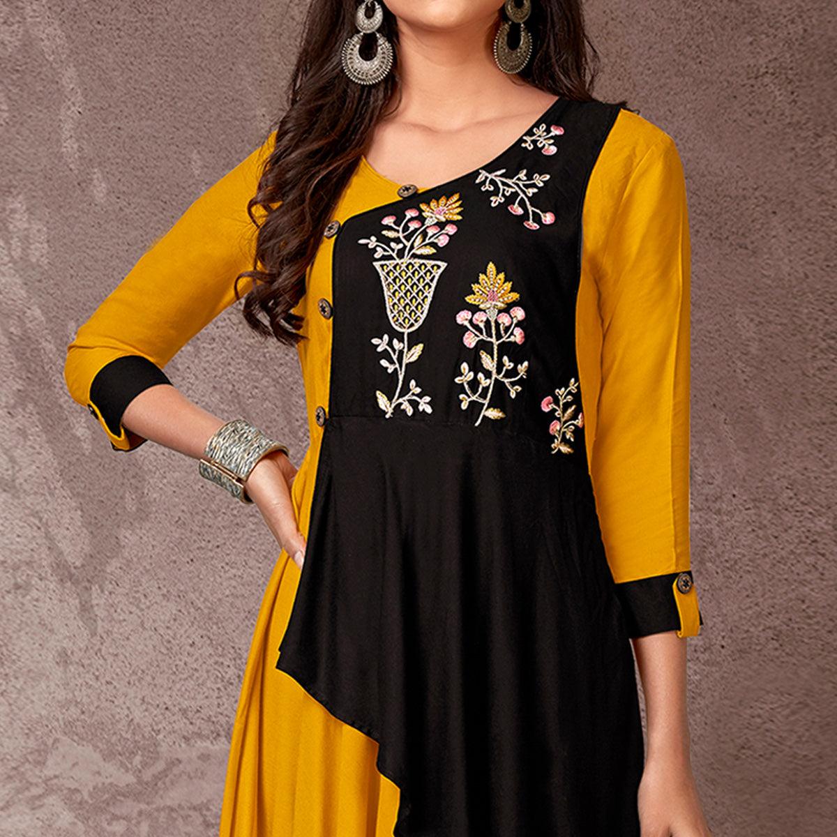 Mustard Floral Embroidered Rayon Gown - Peachmode