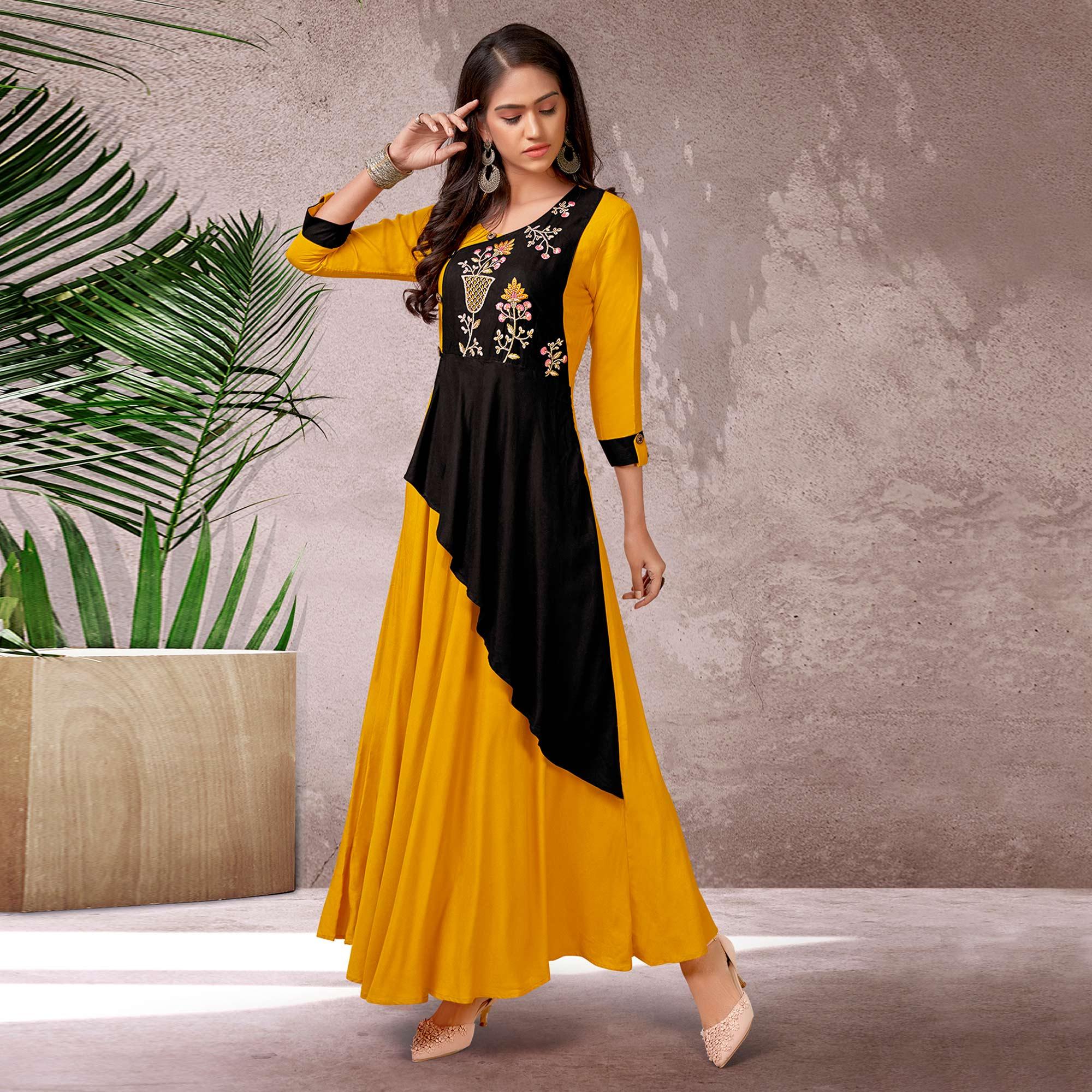 Mustard Floral Embroidered Rayon Gown - Peachmode