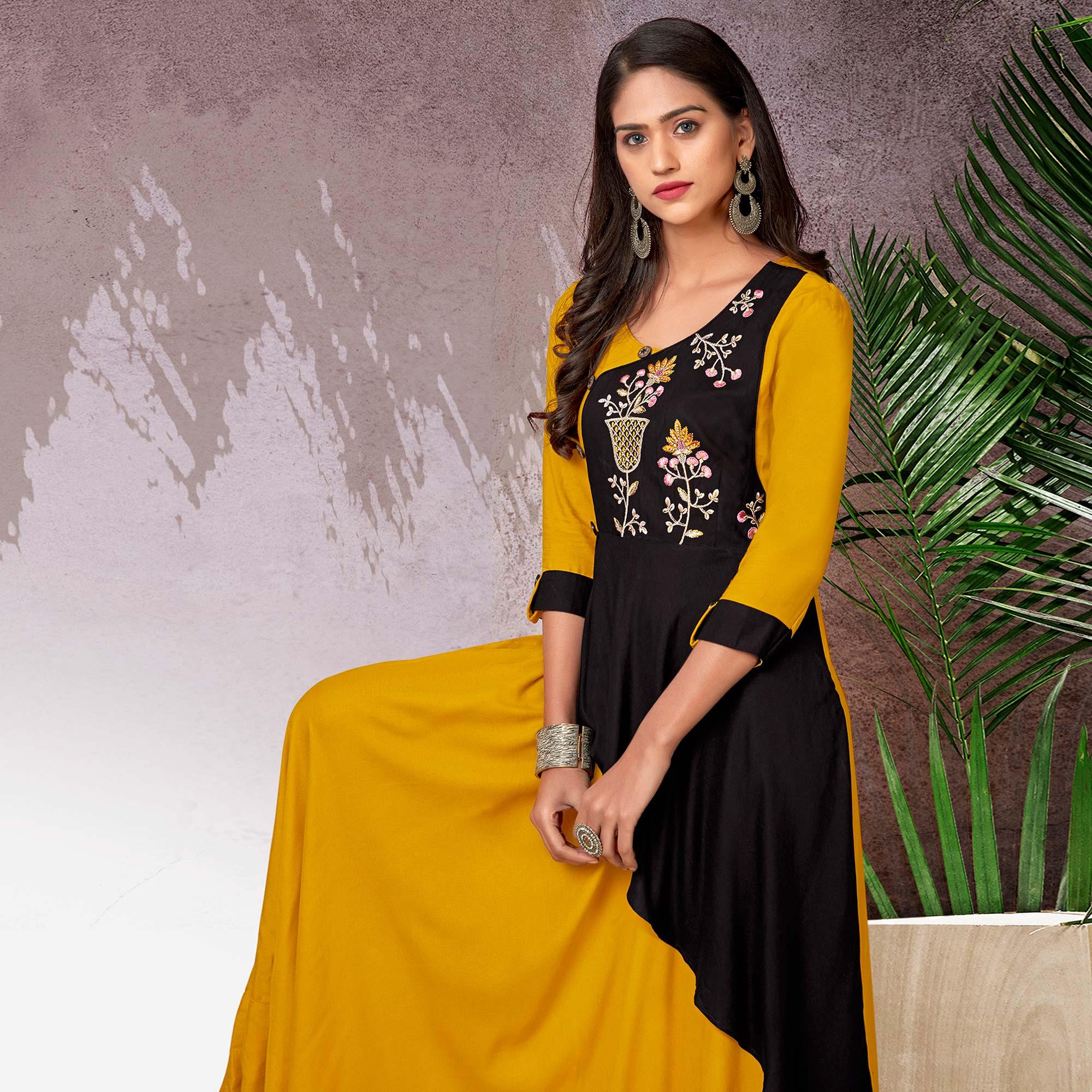 Mustard Floral Embroidered Rayon Gown - Peachmode