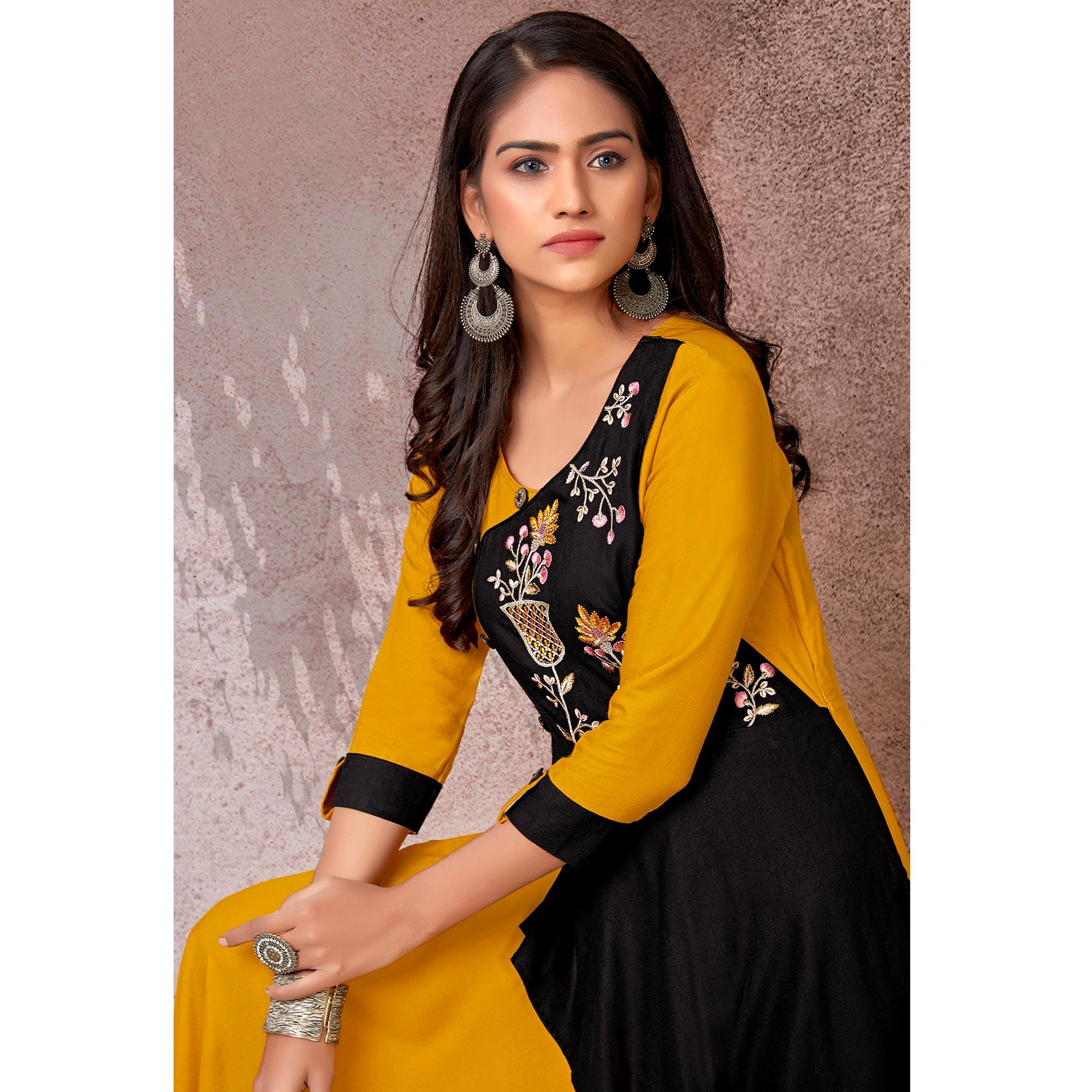 Mustard Floral Embroidered Rayon Gown - Peachmode