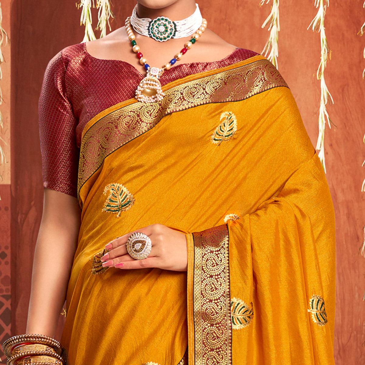 Mustard Floral Embroidered Vichitra Silk Saree - Peachmode