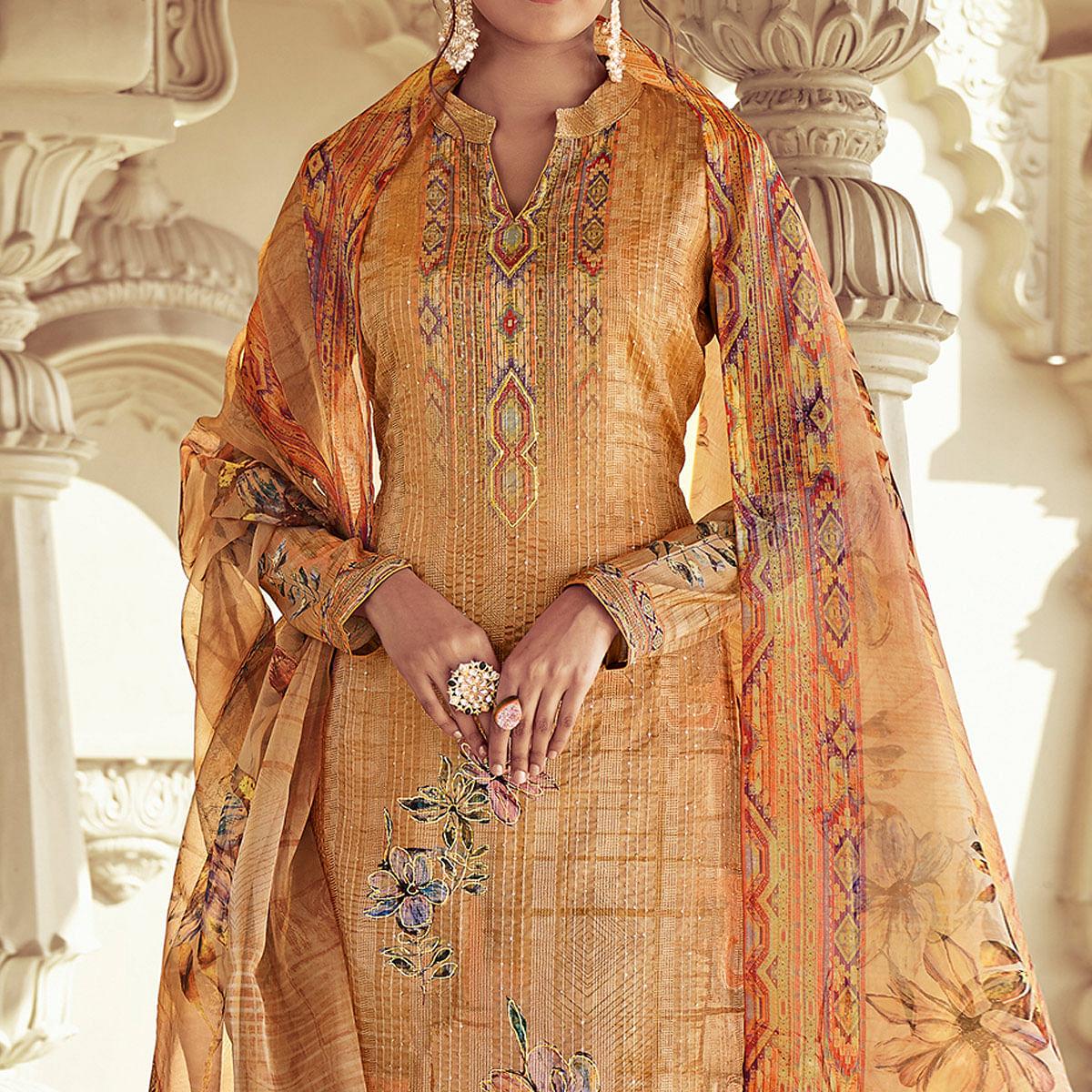 Mustard Floral Print With Sequence Embroidered Royal chinon Partywear Suit - Peachmode