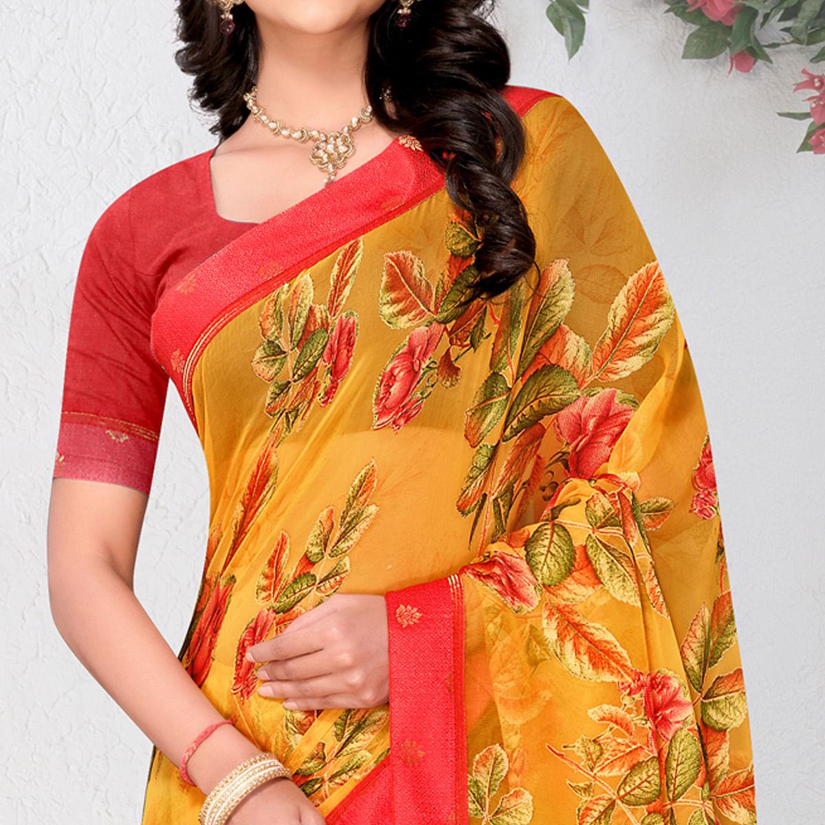 Mustard Floral Printed Brasso Saree - Peachmode