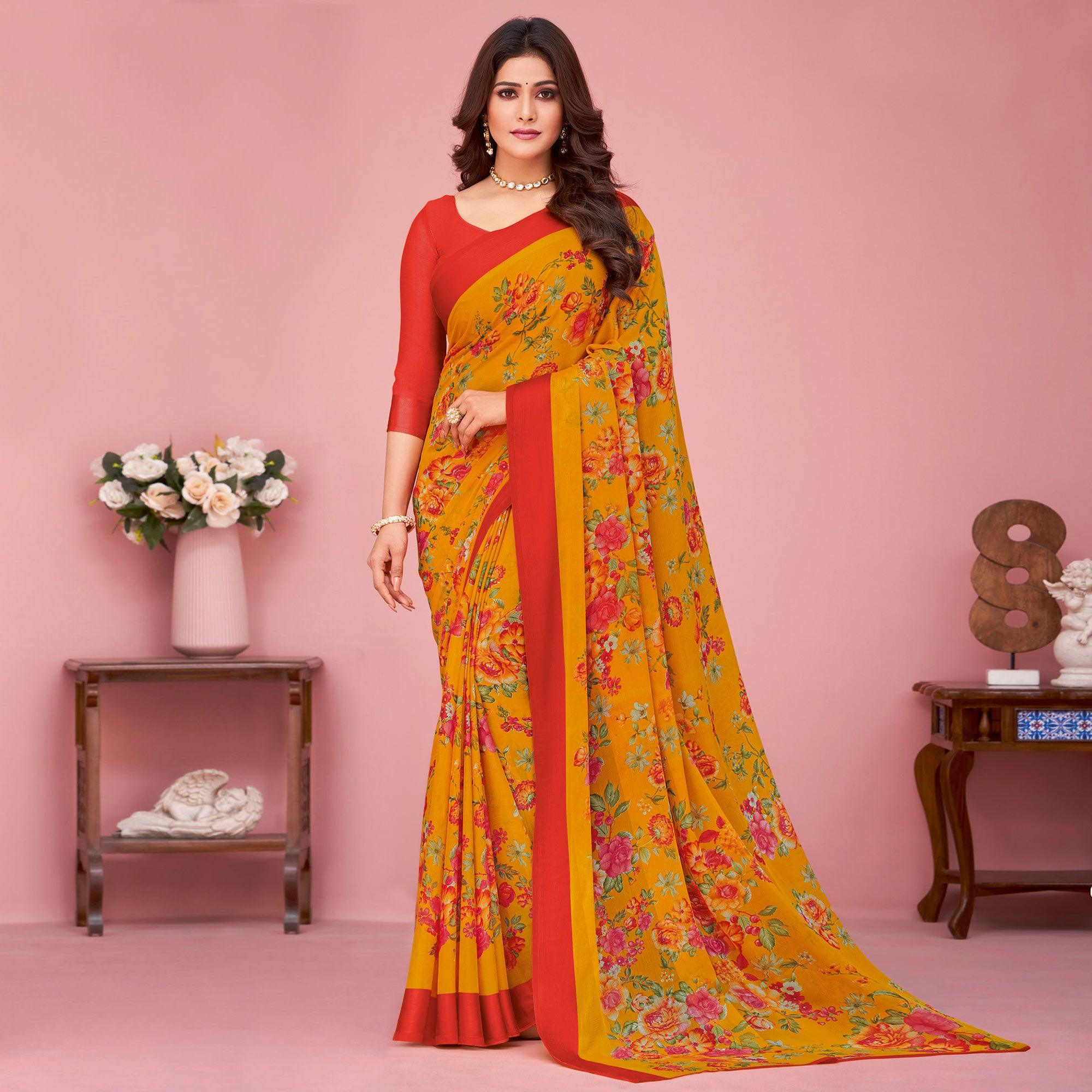 Mustard Floral Printed Chiffon Saree - Peachmode