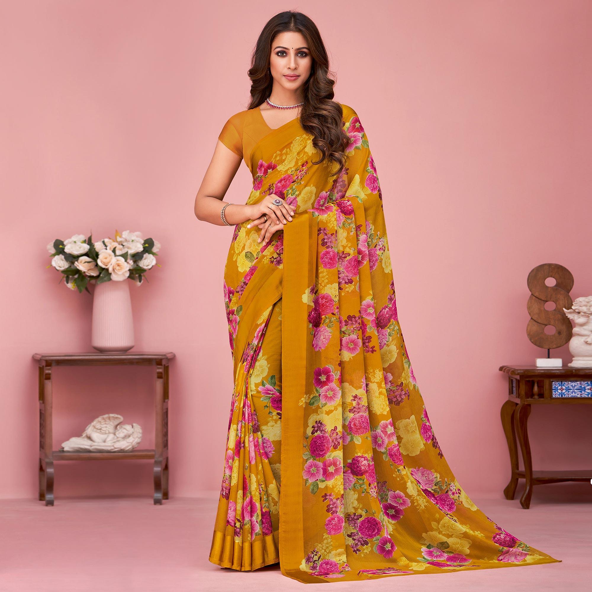 Mustard Floral Printed Chiffon Saree - Peachmode
