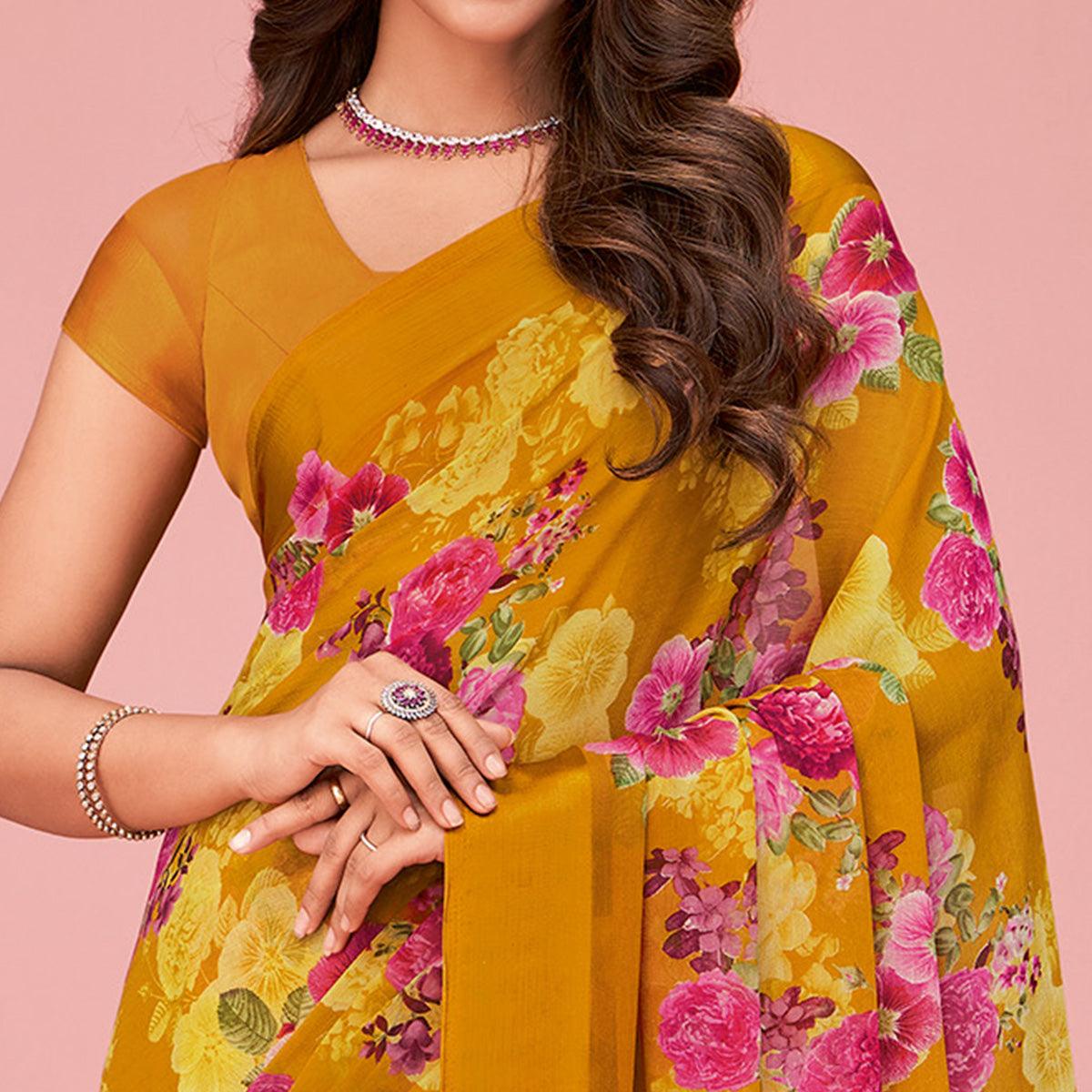 Mustard Floral Printed Chiffon Saree - Peachmode