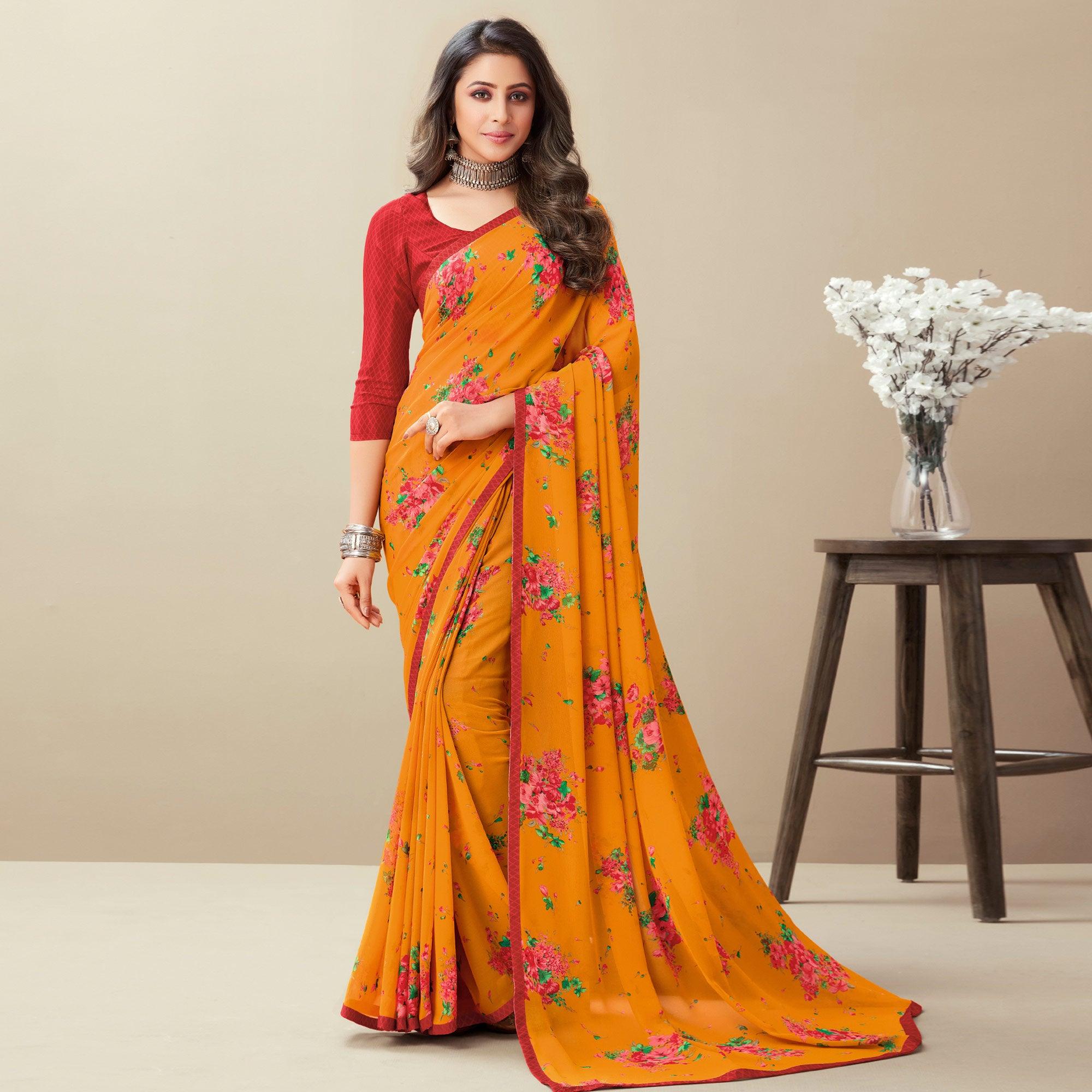 Mustard Floral Printed Georgette Saree - Peachmode