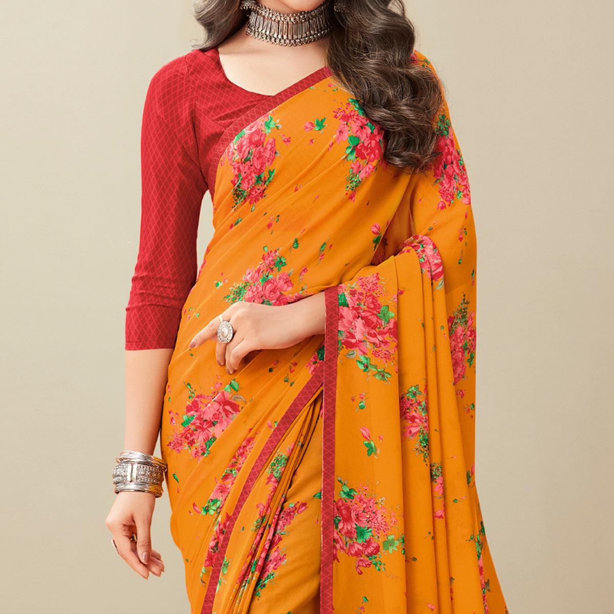 Mustard Floral Printed Georgette Saree - Peachmode