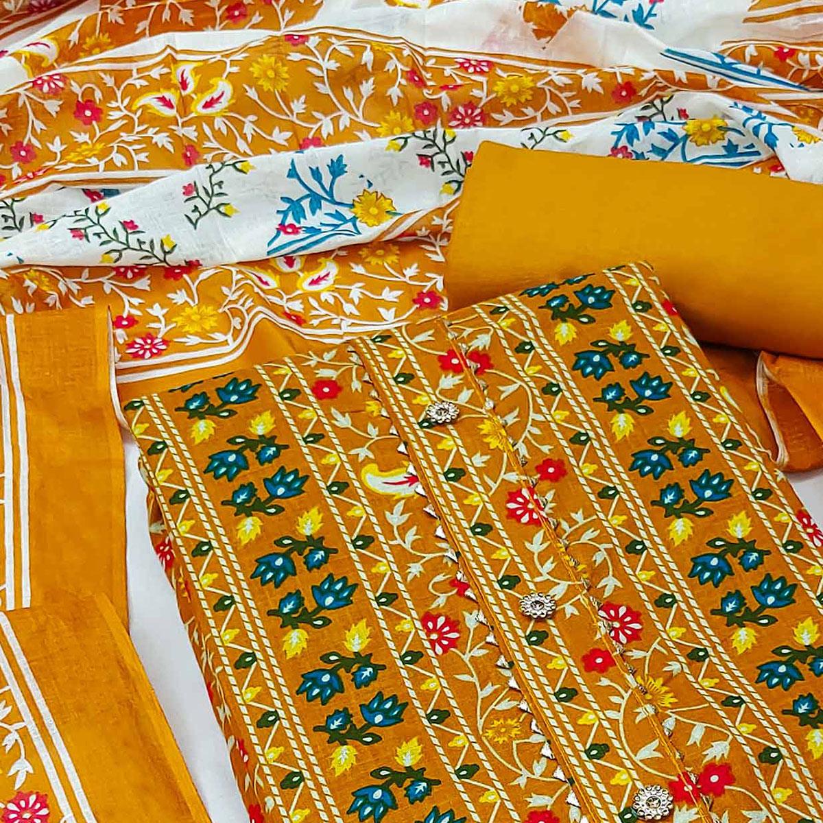 Mustard Floral Printed Pure Cotton Dress Material - Peachmode