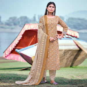 Mustard Floral Printed Pure Cotton Kurti Pant Set With Dupatta - Peachmode