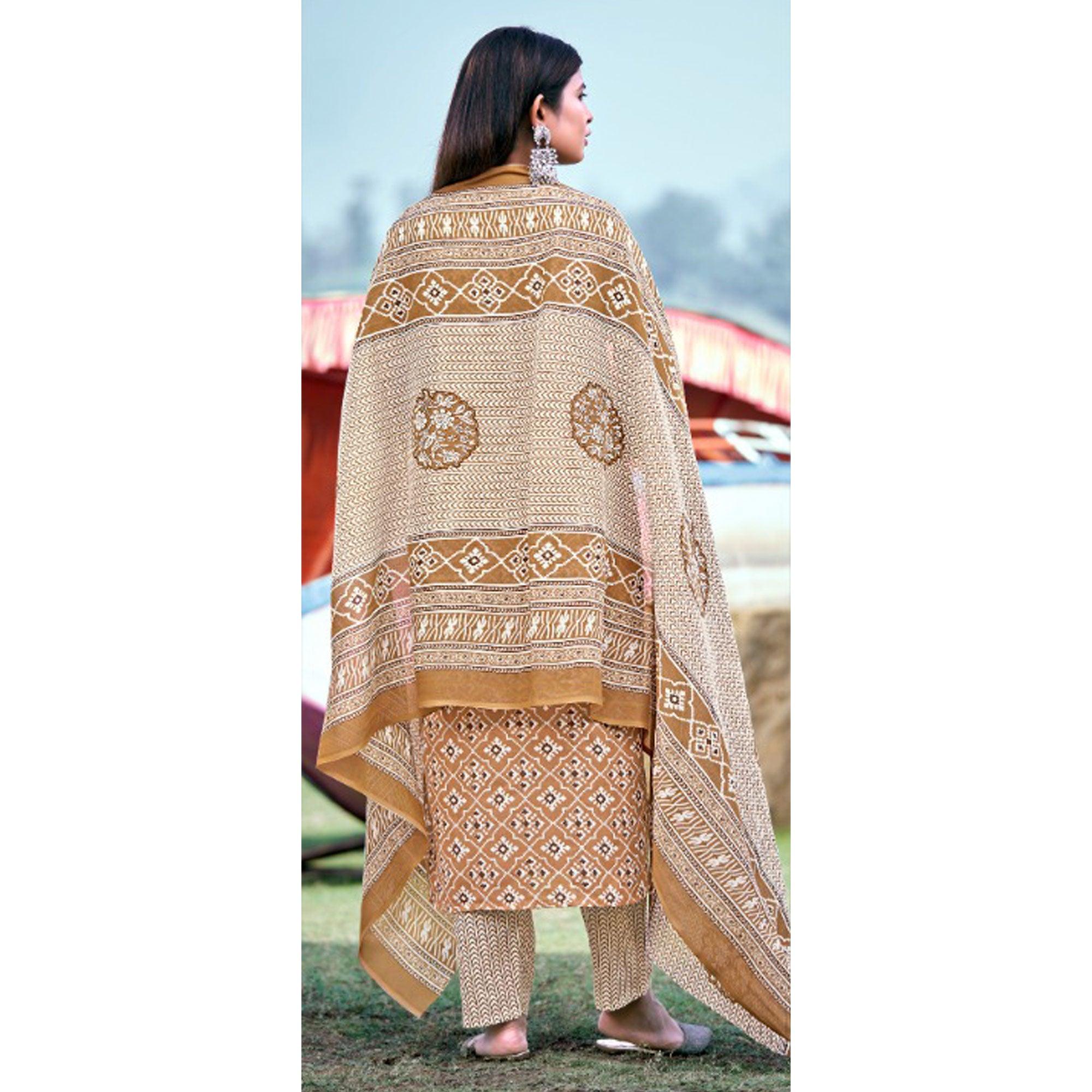 Mustard Floral Printed Pure Cotton Kurti Pant Set With Dupatta - Peachmode