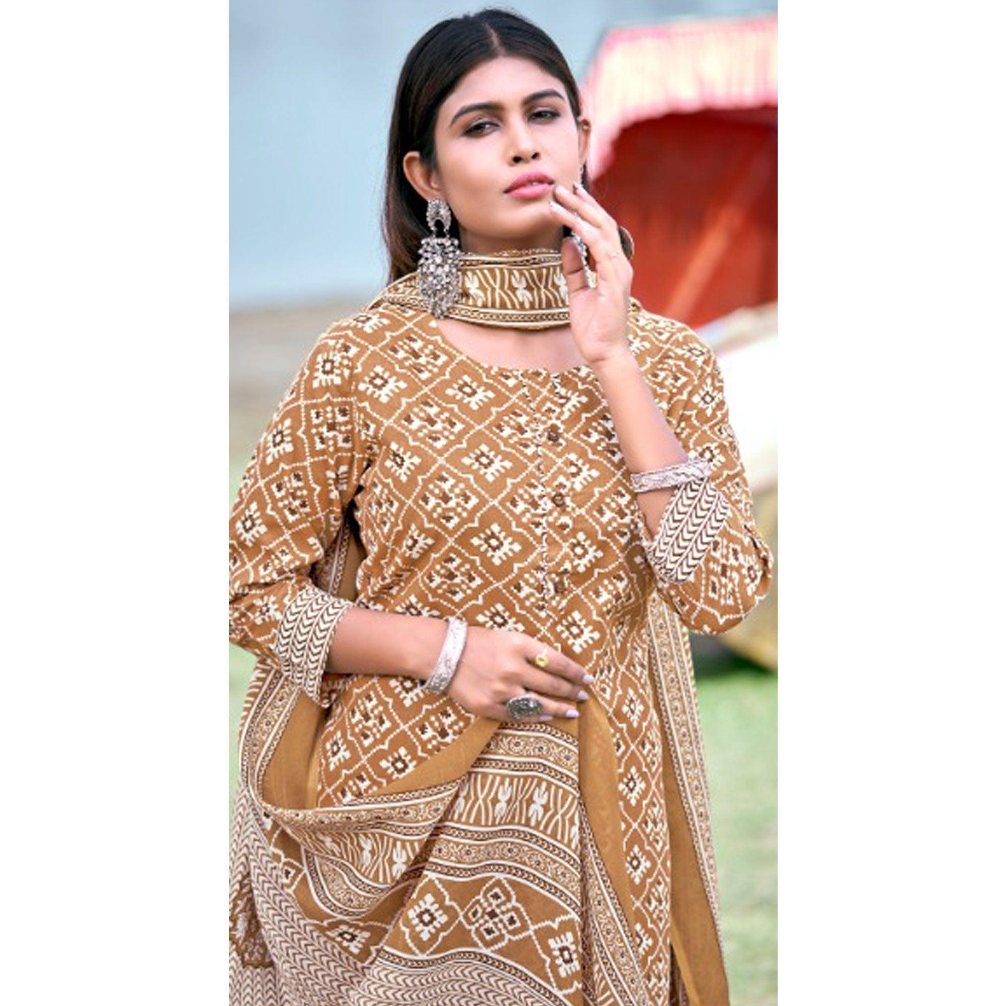 Mustard Floral Printed Pure Cotton Kurti Pant Set With Dupatta - Peachmode