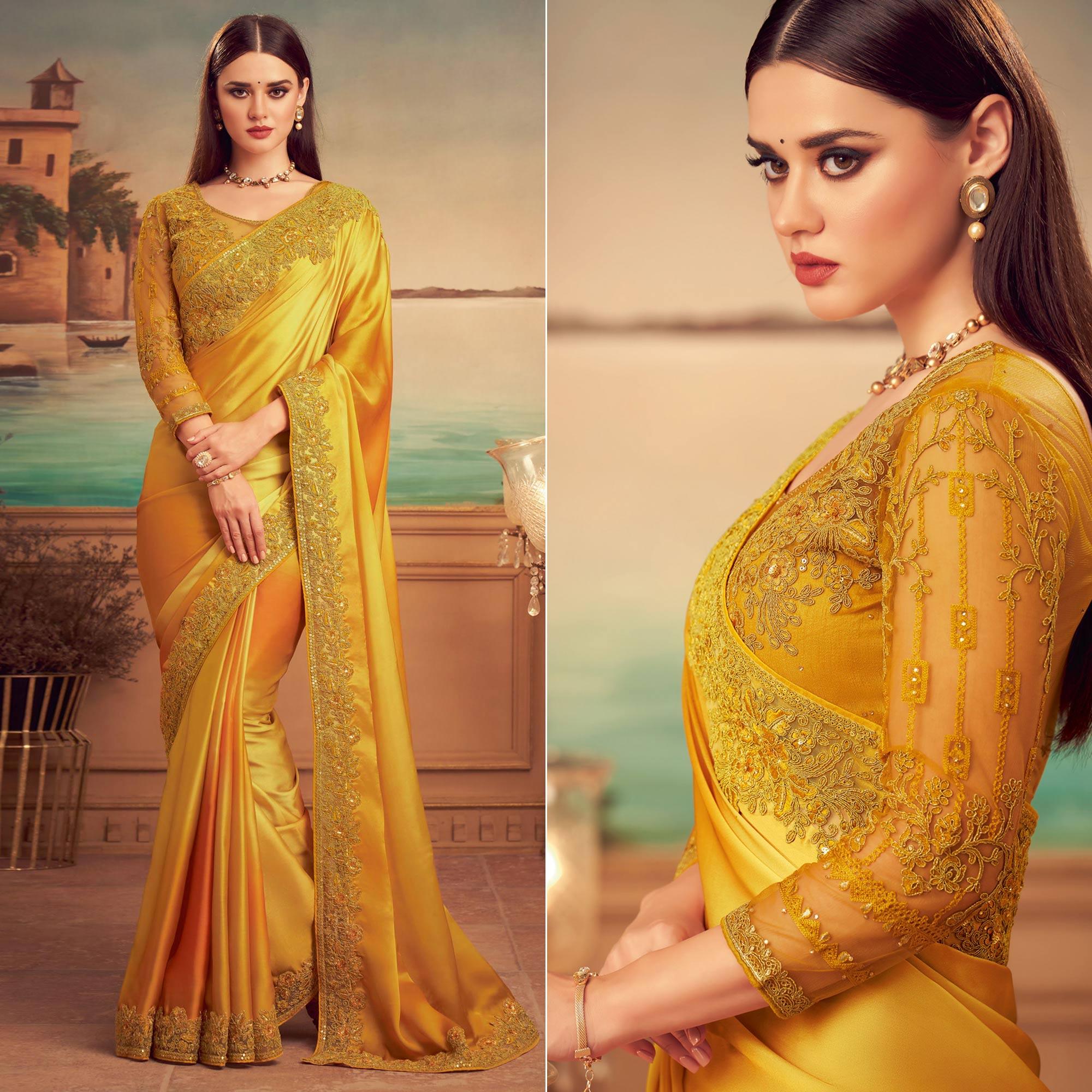 Mustard Floral Sequence Embroidered Art Silk Saree - Peachmode