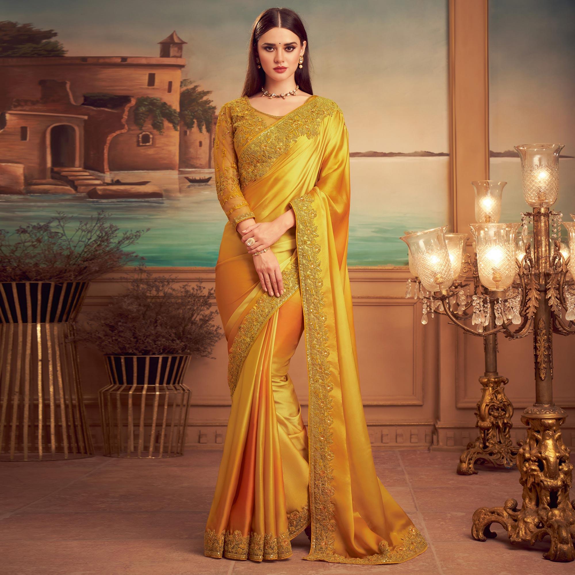 Mustard Floral Sequence Embroidered Art Silk Saree - Peachmode