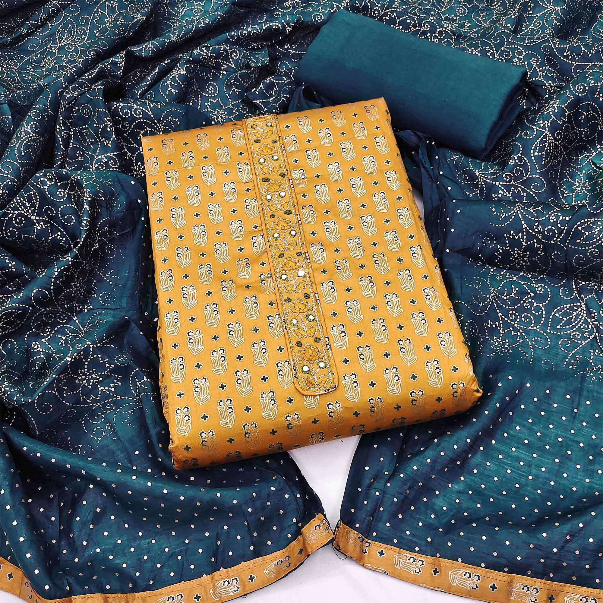 Mustard Foil Printed Pure Cotton Dress Material - Peachmode