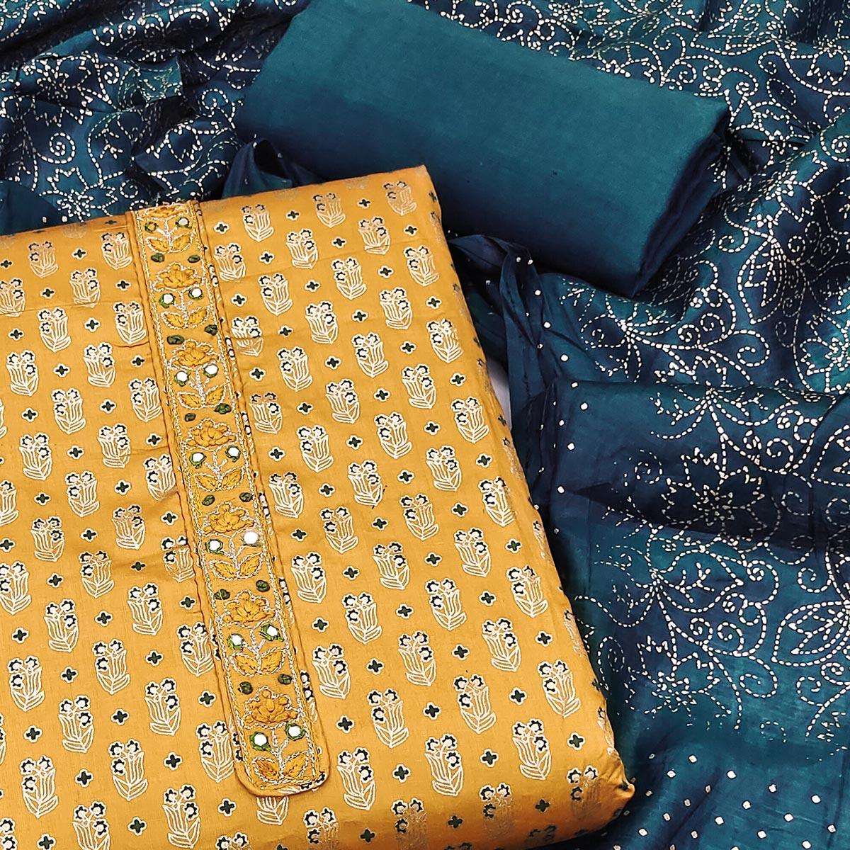 Mustard Foil Printed Pure Cotton Dress Material - Peachmode