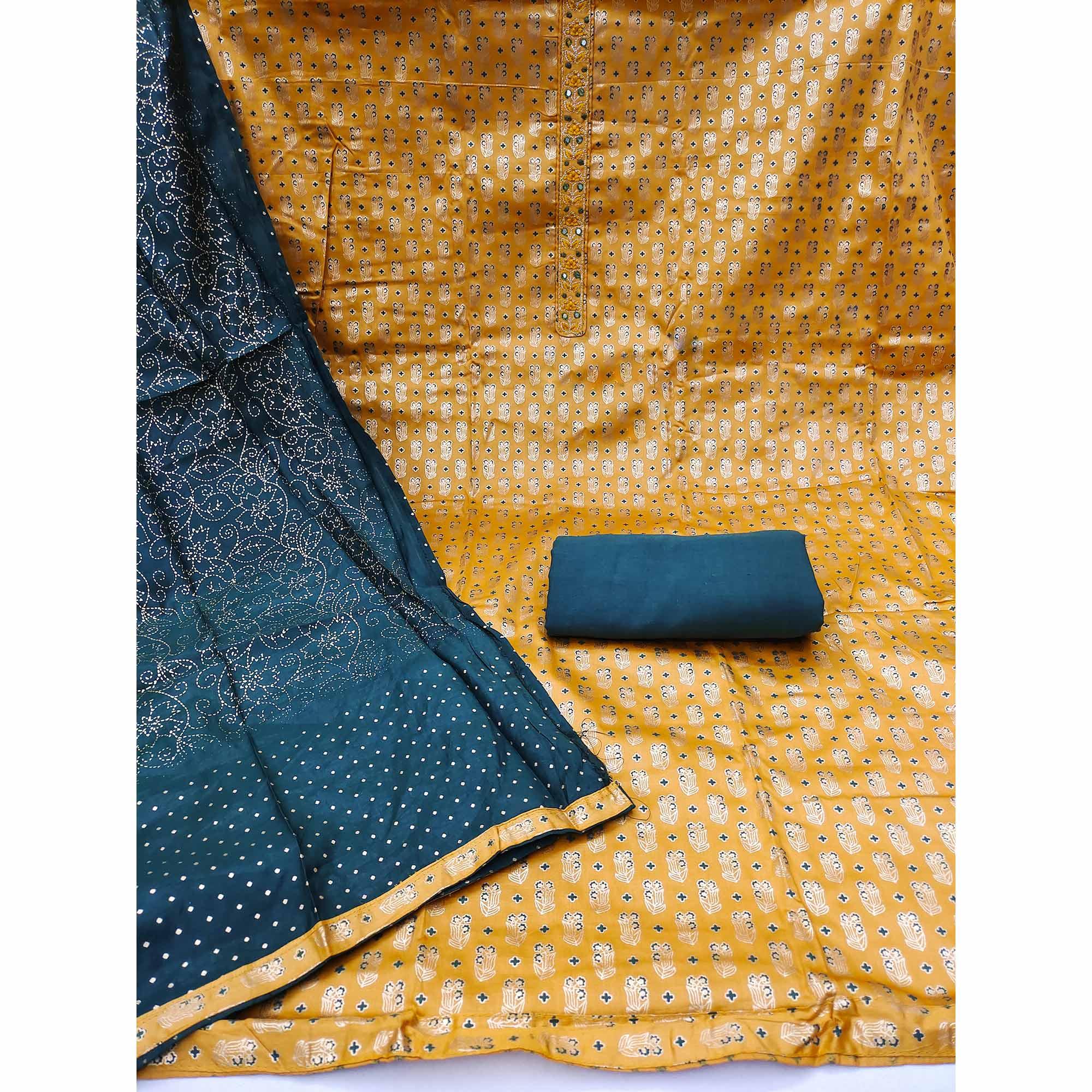 Mustard Foil Printed Pure Cotton Dress Material - Peachmode