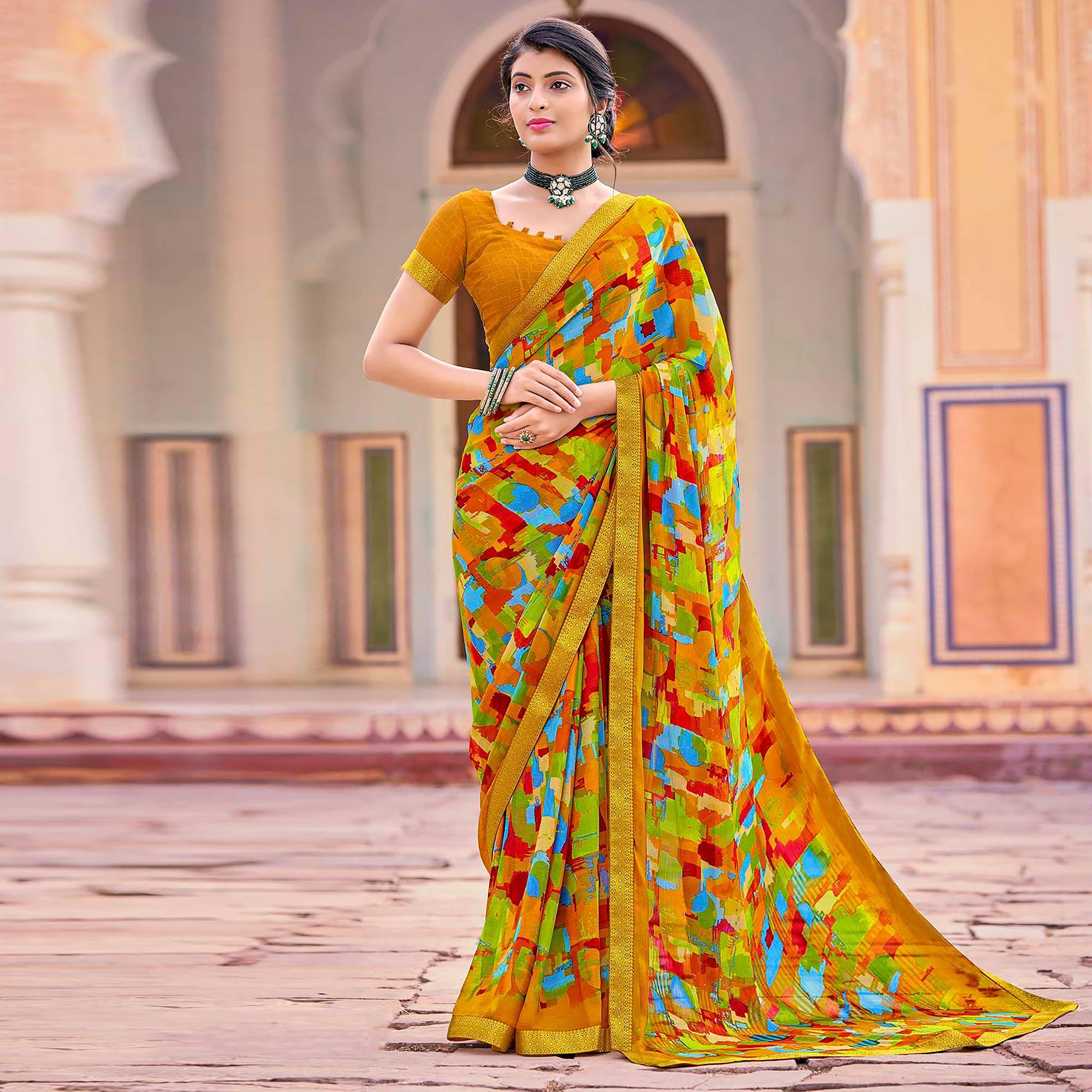 Mustard Geometric Printed Chiffon Saree - Peachmode